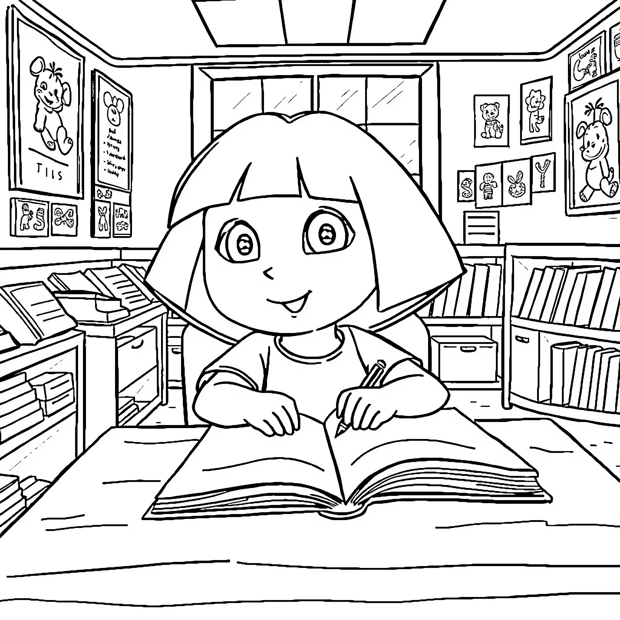 Dora studying diligently in the classroom Coloring Page (free black-and-white line drawing printable PDF for all, from beginners to advanced learners, including children, teens, adults, and seniors)
