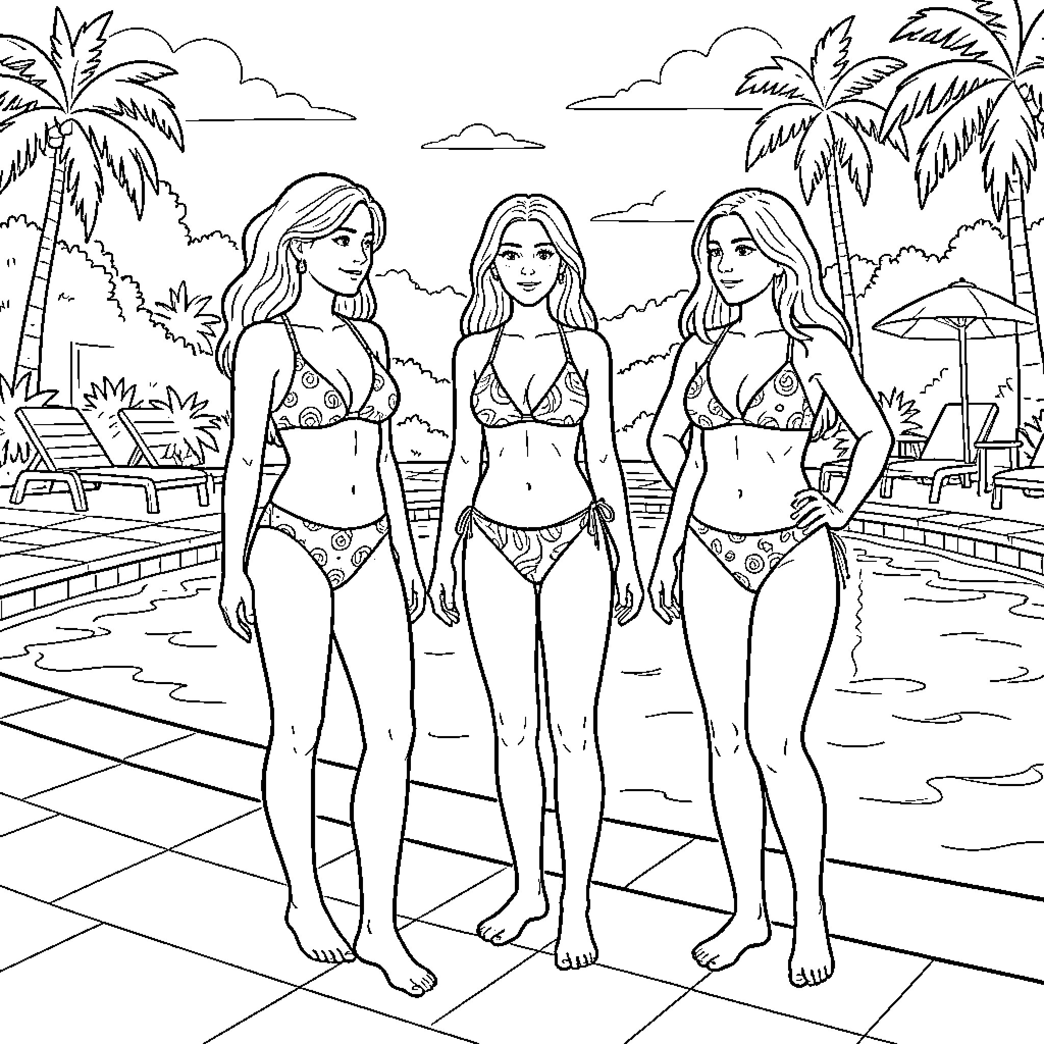 Lady friends enjoying a summer day at the pool Coloring Page (free black-and-white line drawing printable PDF for all, from beginners to advanced learners, including children, teens, adults, and seniors)