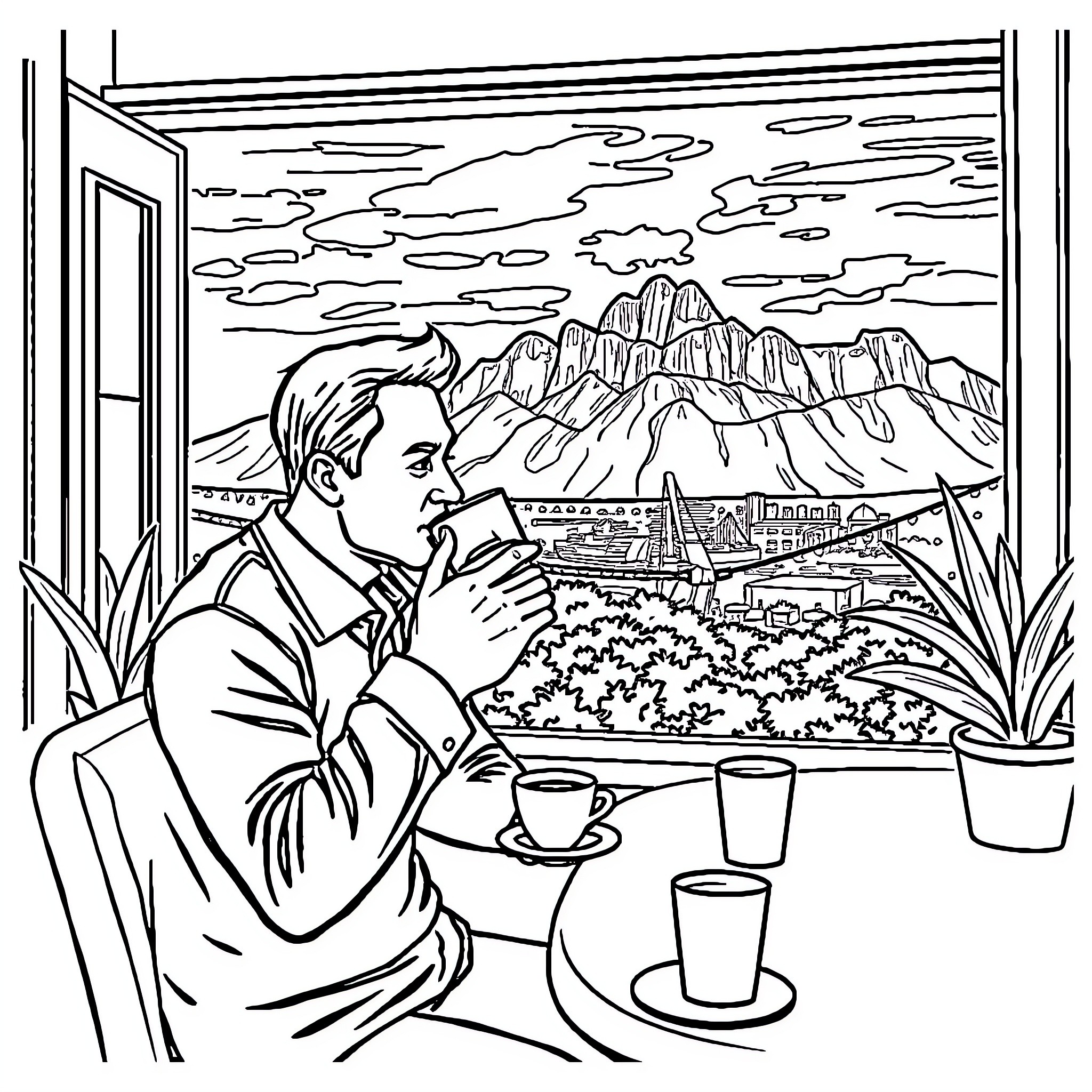 Man enjoying scenic landscape view from window Coloring Page (free black-and-white line drawing printable PDF for all, from beginners to advanced learners, including children, teens, adults, and seniors)