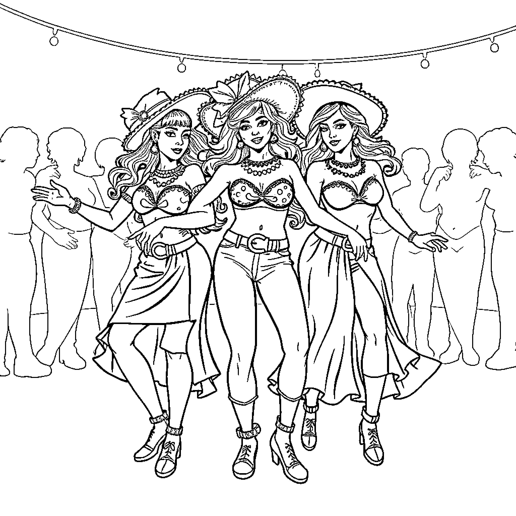 Pop Warriors Performing on Stage with Lively Energy Coloring Page (free black-and-white line drawing printable PDF for all, from beginners to advanced learners, including children, teens, adults, and seniors)