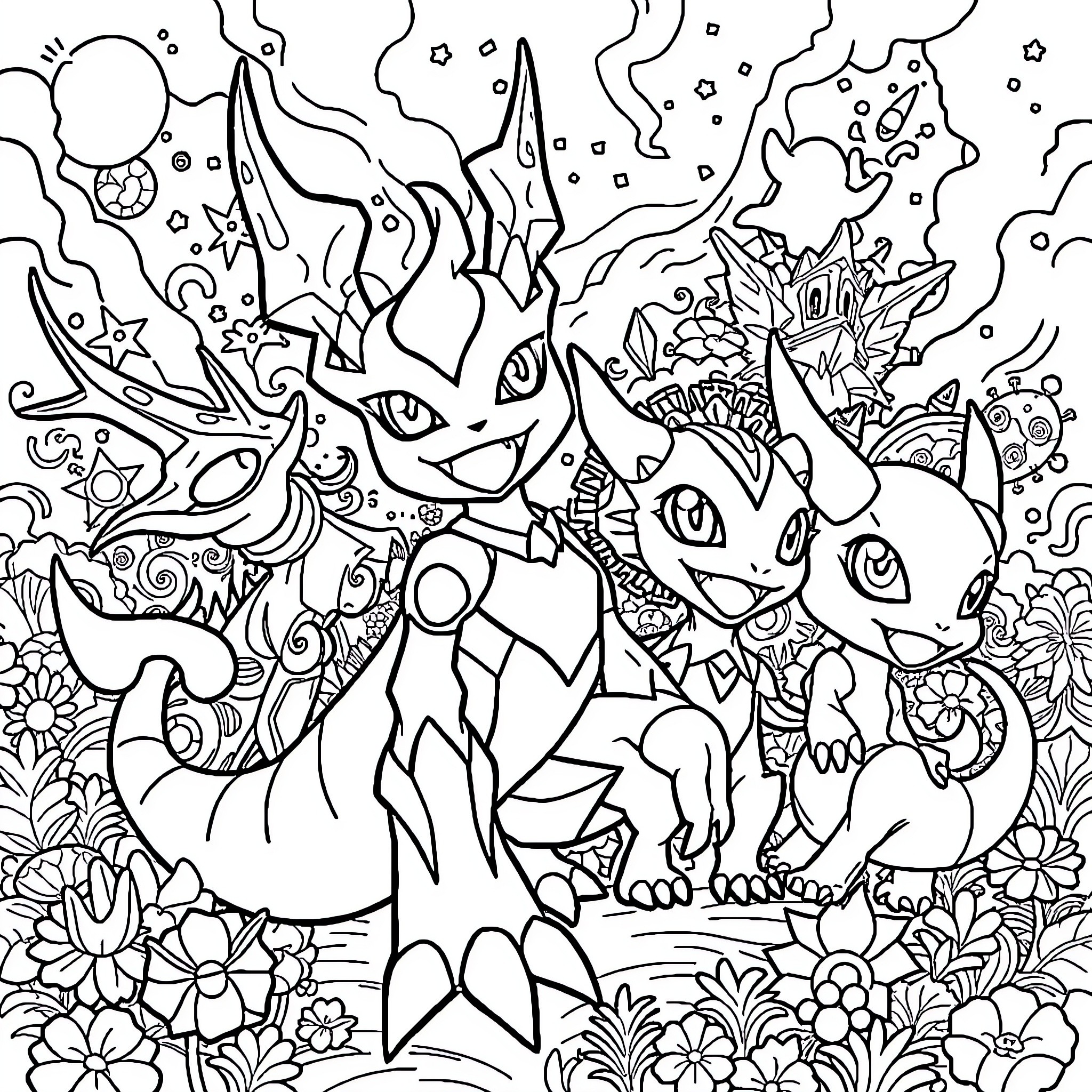 Digimon characters in a fantastical landscape Coloring Page (free black-and-white line drawing printable PDF for all, from beginners to advanced learners, including children, teens, adults, and seniors)