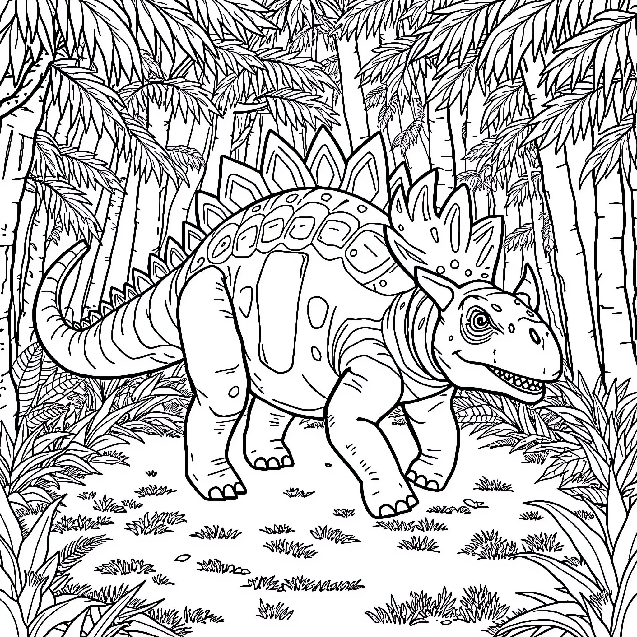 Ankylosaurus exploring the lush prehistoric jungle Coloring Page (free black-and-white line drawing printable PDF for all, from beginners to advanced learners, including children, teens, adults, and seniors)