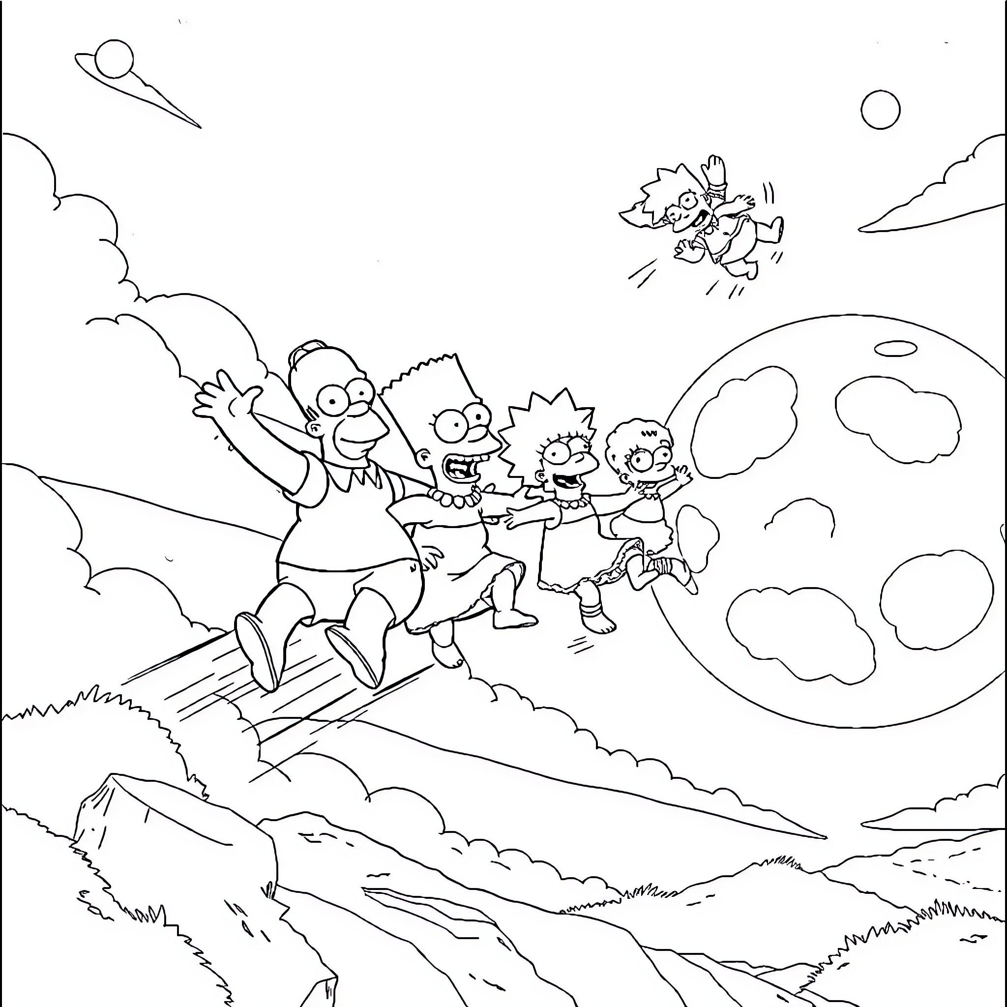 Simpson family's exciting outdoor adventure Coloring Page (free black-and-white line drawing printable PDF for all, from beginners to advanced learners, including children, teens, adults, and seniors)