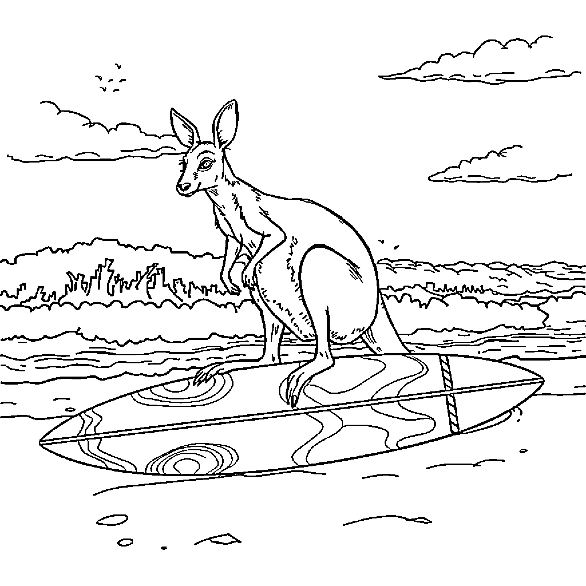 Kangaroo surfing on the waves Coloring Page (free black-and-white line drawing printable PDF for all, from beginners to advanced learners, including children, teens, adults, and seniors)