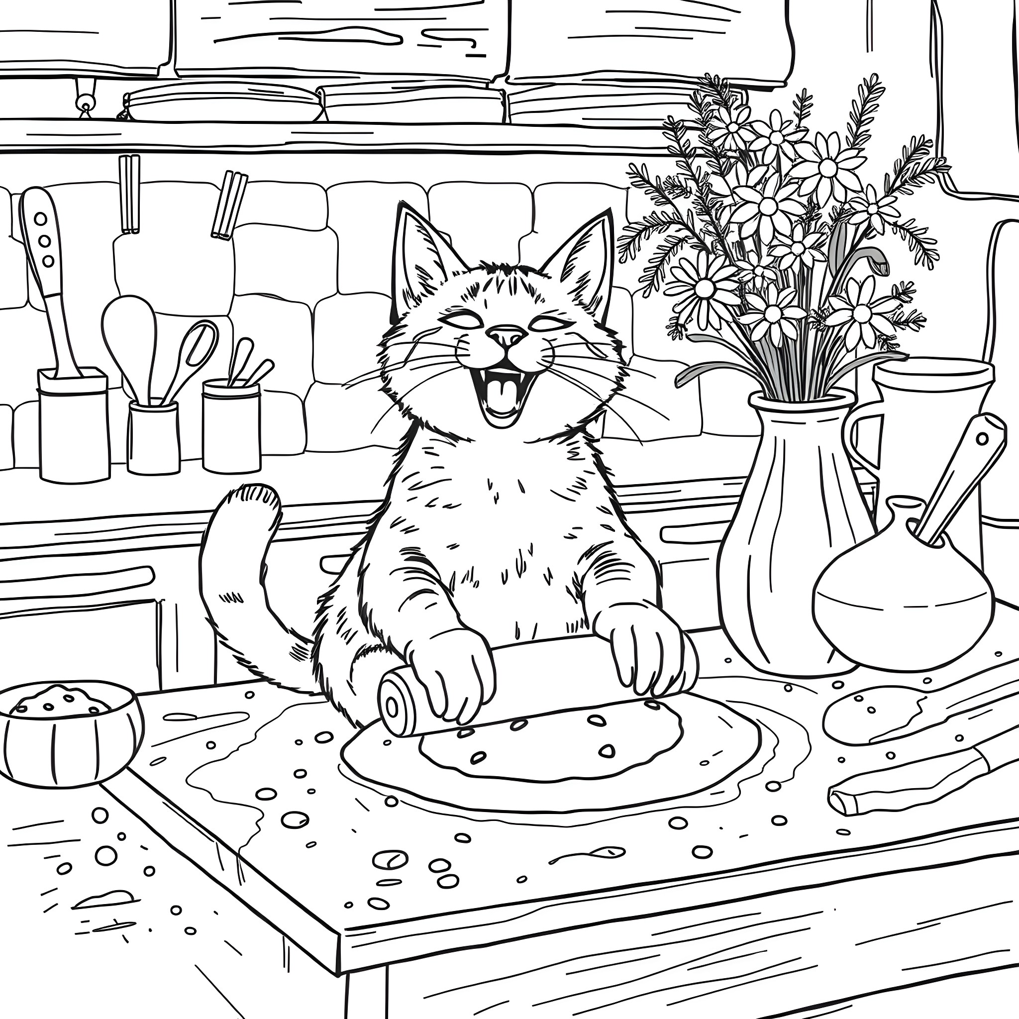 Cat enjoying a tasty meal in the kitchen Coloring Page (free black-and-white line drawing printable PDF for all, from beginners to advanced learners, including children, teens, adults, and seniors)