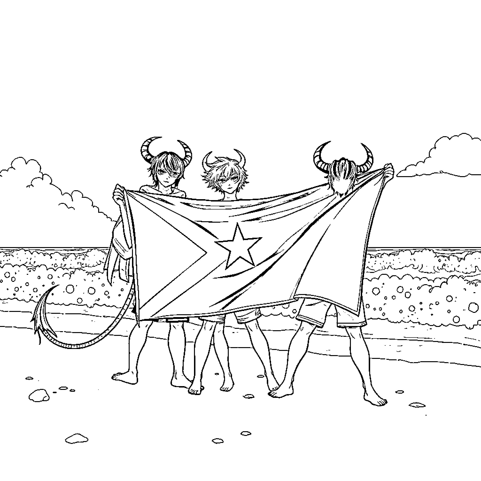 Demon Hunters Waving a Triumphant Flag on the Beach Coloring Page (free black-and-white line drawing printable PDF for all, from beginners to advanced learners, including children, teens, adults, and seniors)