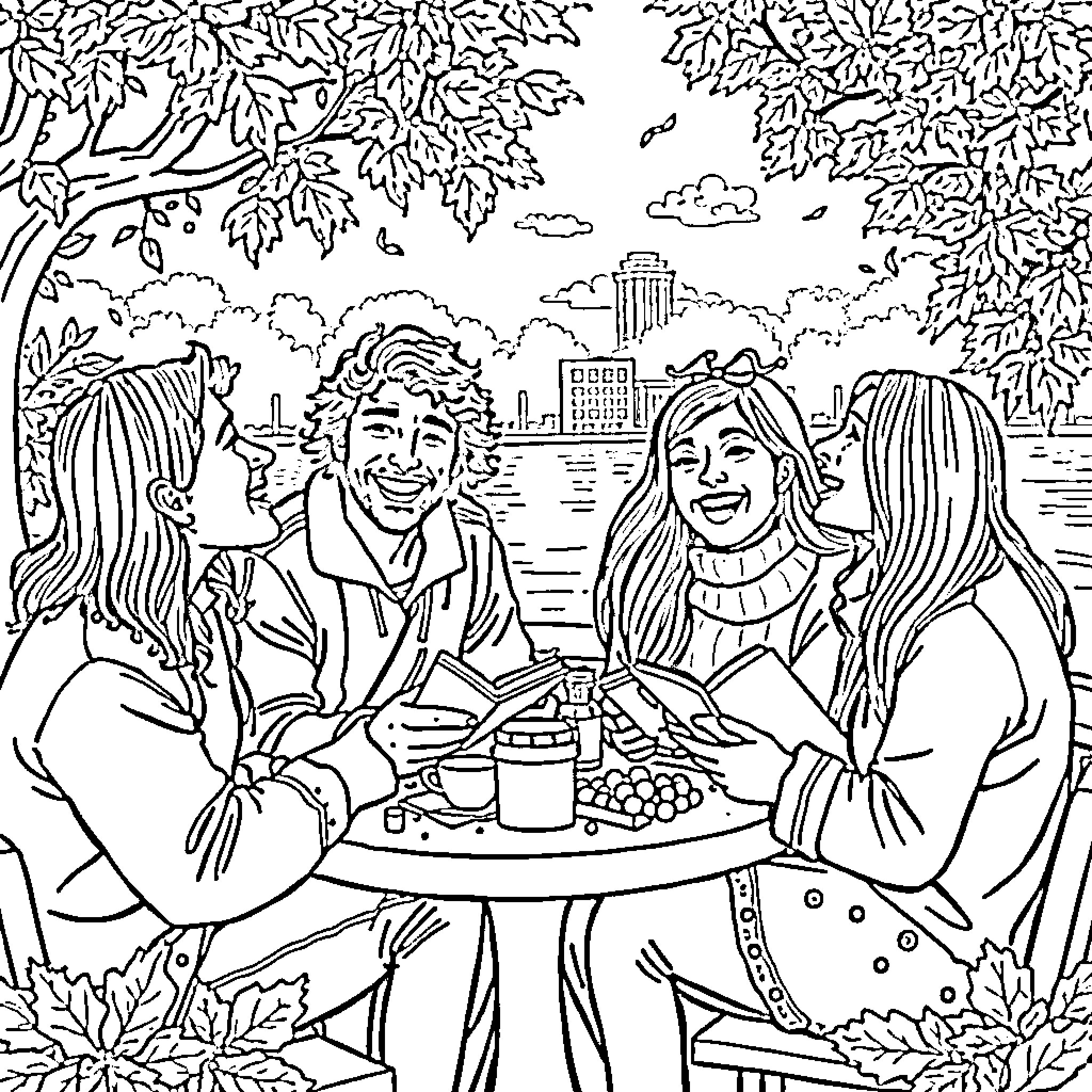 Friend sharing a meal in the park Coloring Page (free black-and-white line drawing printable PDF for all, from beginners to advanced learners, including children, teens, adults, and seniors)