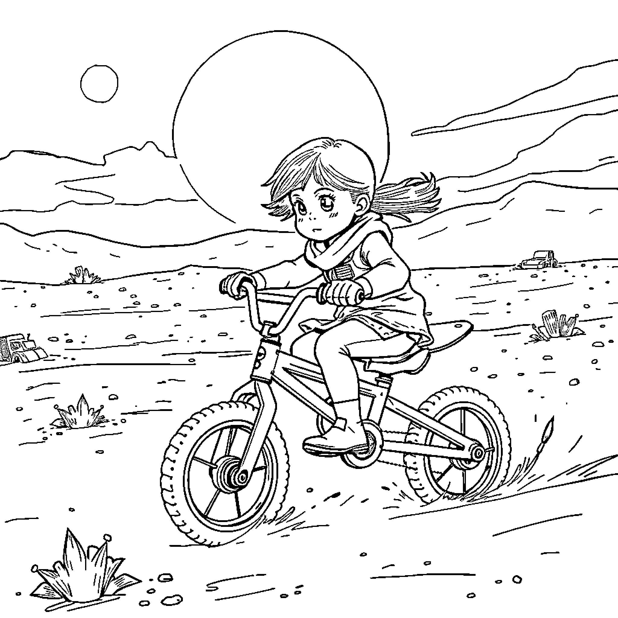 Baby Girl riding bicycle in the desert Coloring Page (free black-and-white line drawing printable PDF for all, from beginners to advanced learners, including children, teens, adults, and seniors)