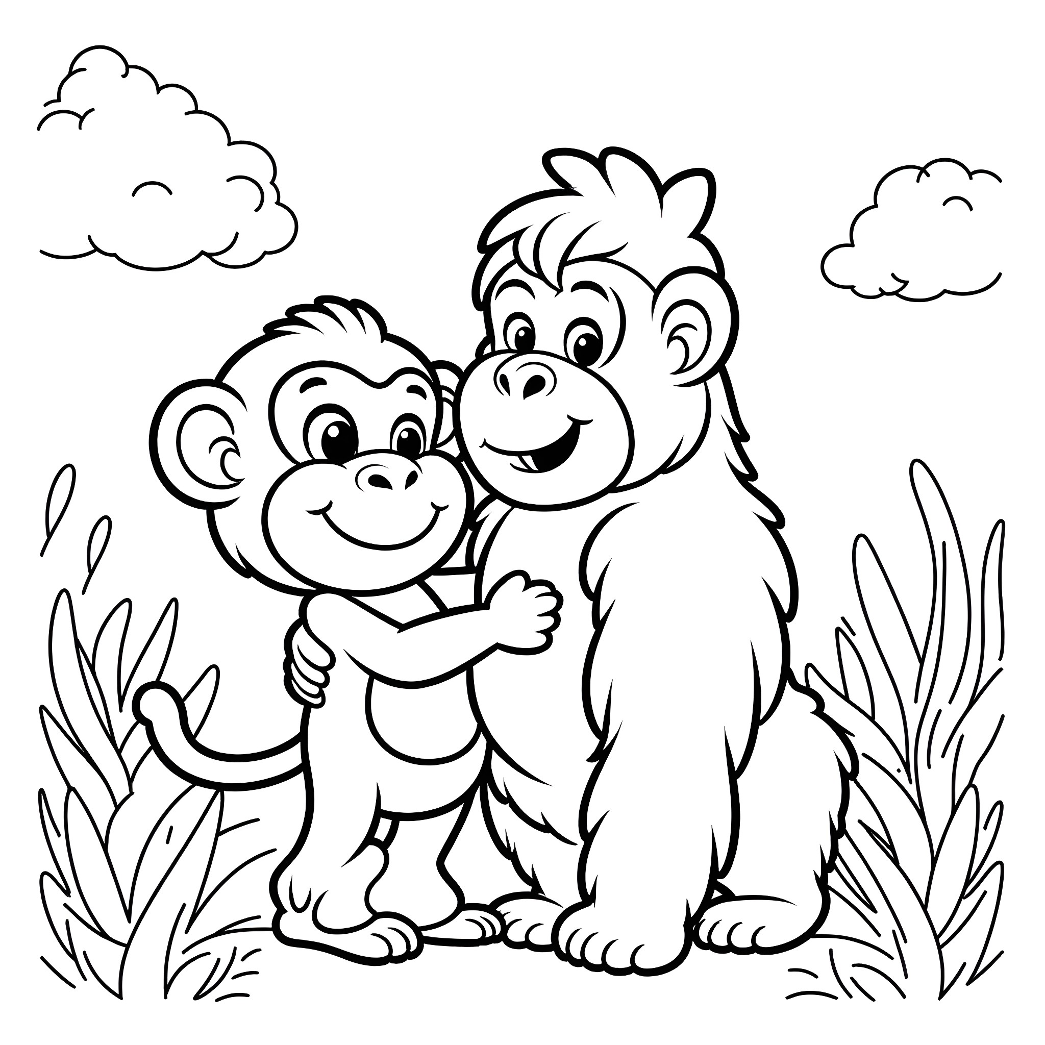 Monkey brothers hugging in the wild Coloring Page (free black-and-white line drawing printable PDF for all, from beginners to advanced learners, including children, teens, adults, and seniors)