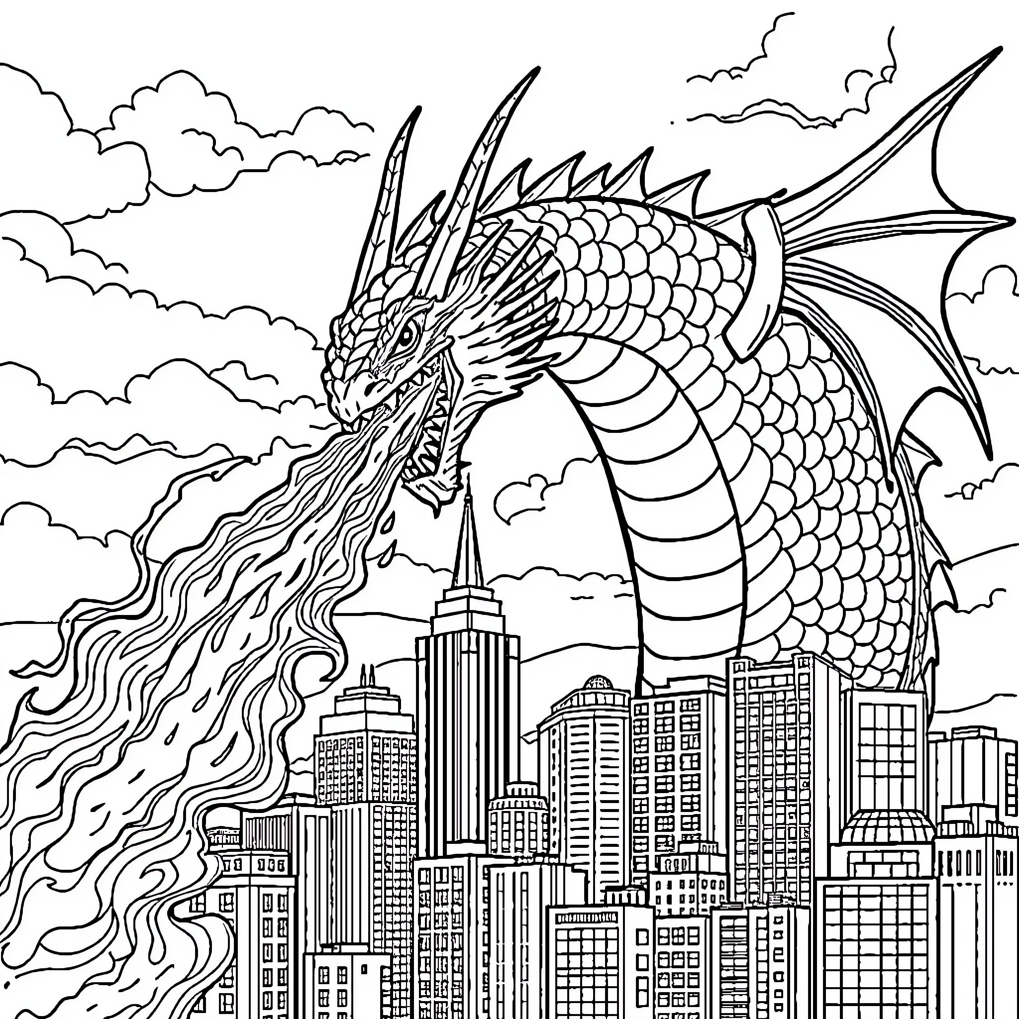 Dragon soaring over a city skyline Coloring Page (free black-and-white line drawing printable PDF for all, from beginners to advanced learners, including children, teens, adults, and seniors)