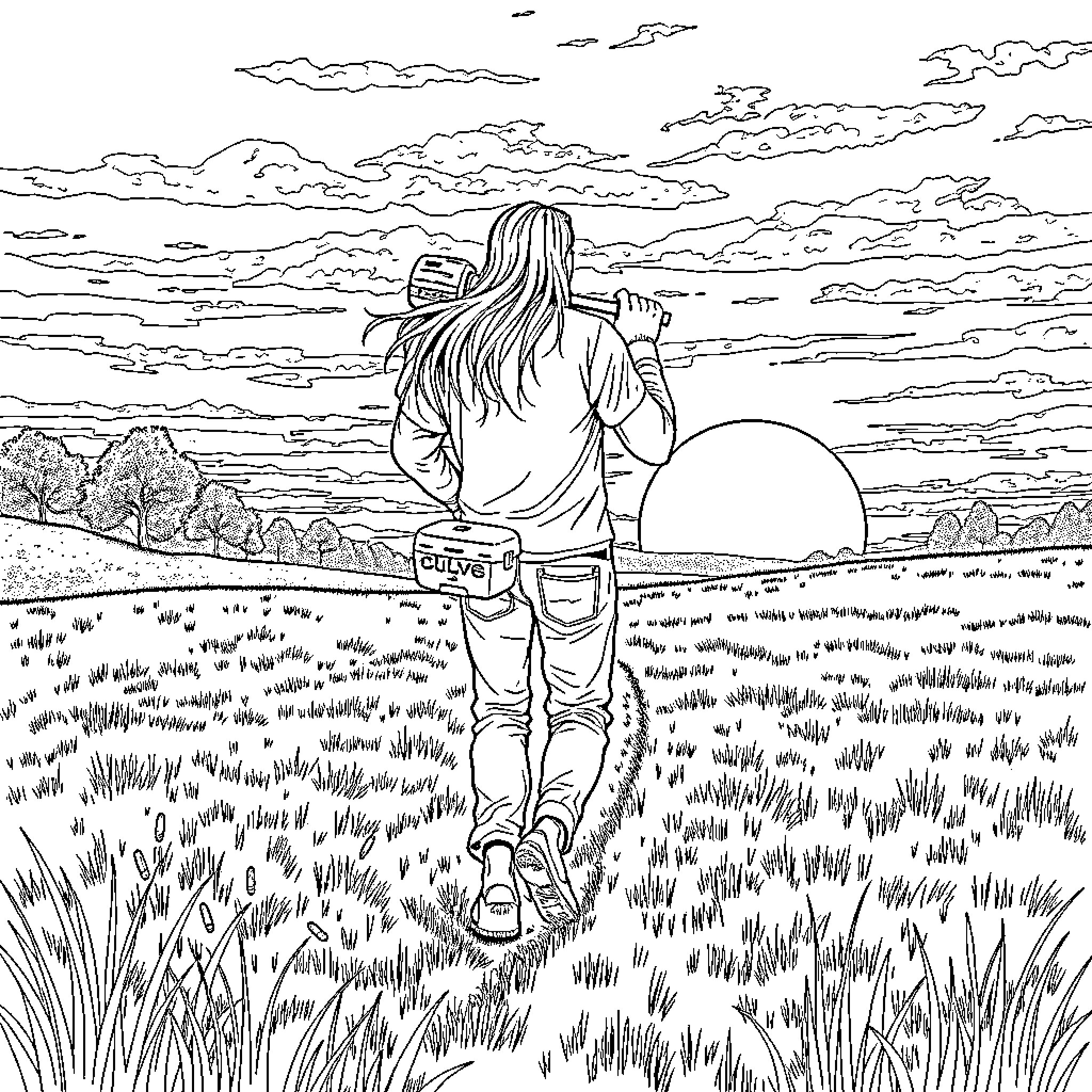 Man standing in a field watching the sunset Coloring Page (free black-and-white line drawing printable PDF for all, from beginners to advanced learners, including children, teens, adults, and seniors)
