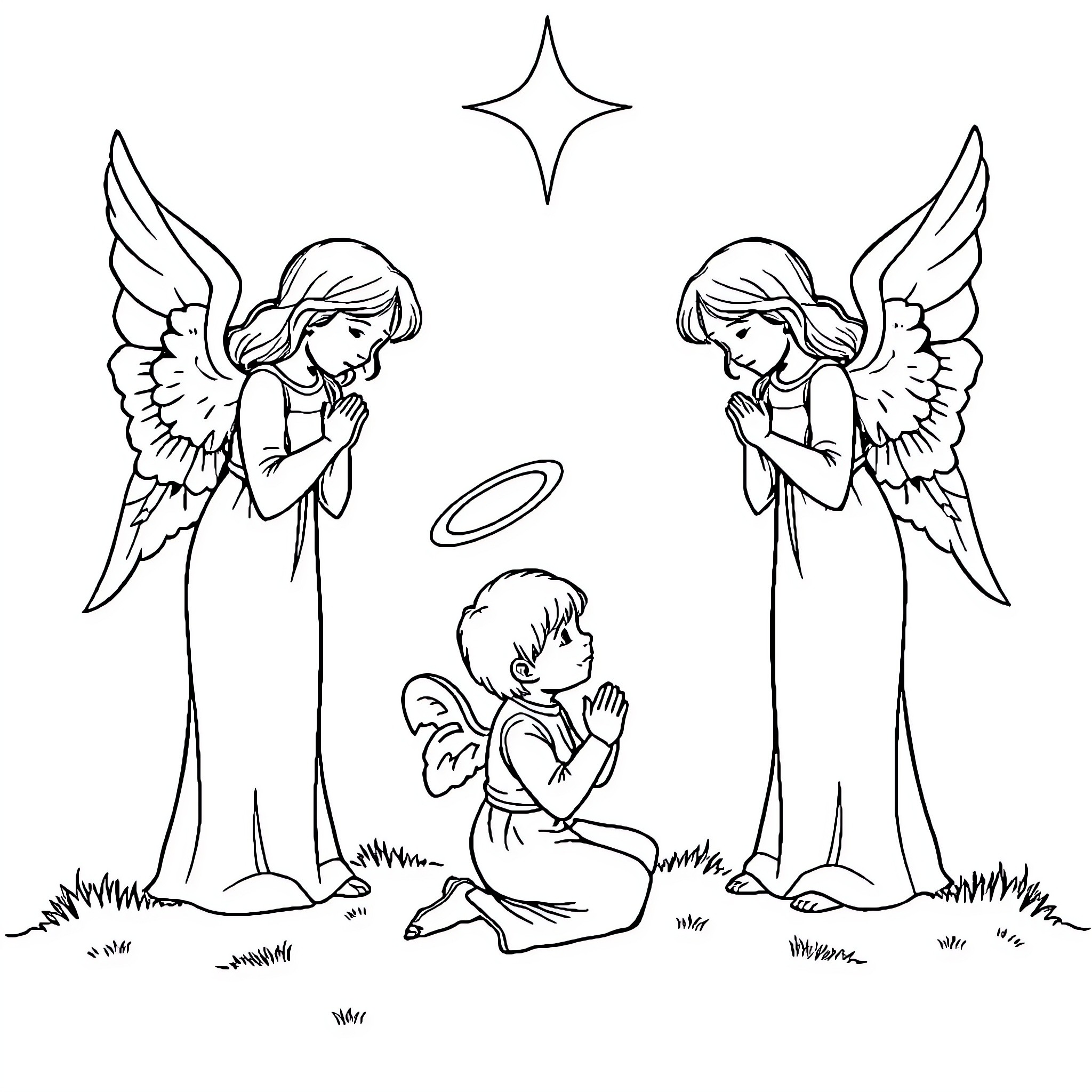 Angel Figures in Reverent Prayer Scene Coloring Page (free black-and-white line drawing printable PDF for all, from beginners to advanced learners, including children, teens, adults, and seniors)