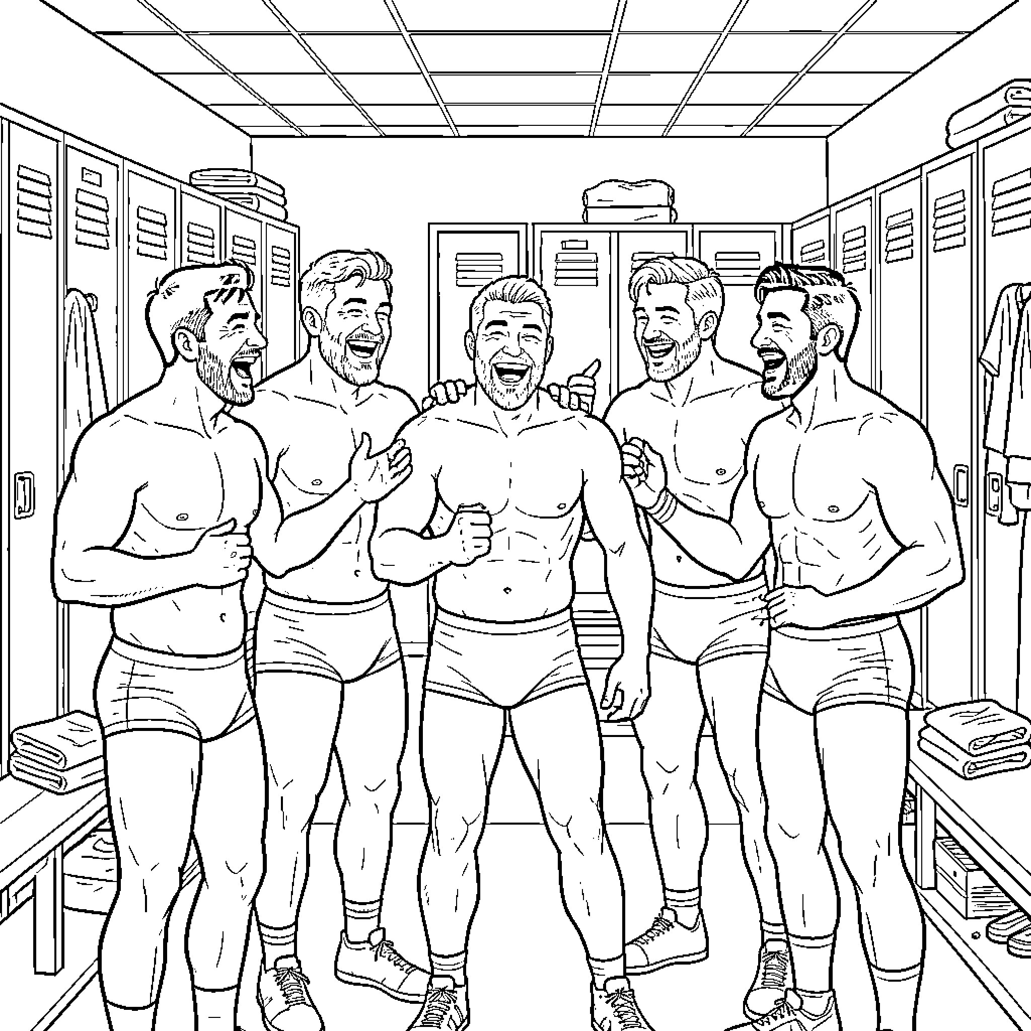 Wrestlers Celebrating Victory in Locker Room Coloring Page (free black-and-white line drawing printable PDF for all, from beginners to advanced learners, including children, teens, adults, and seniors)