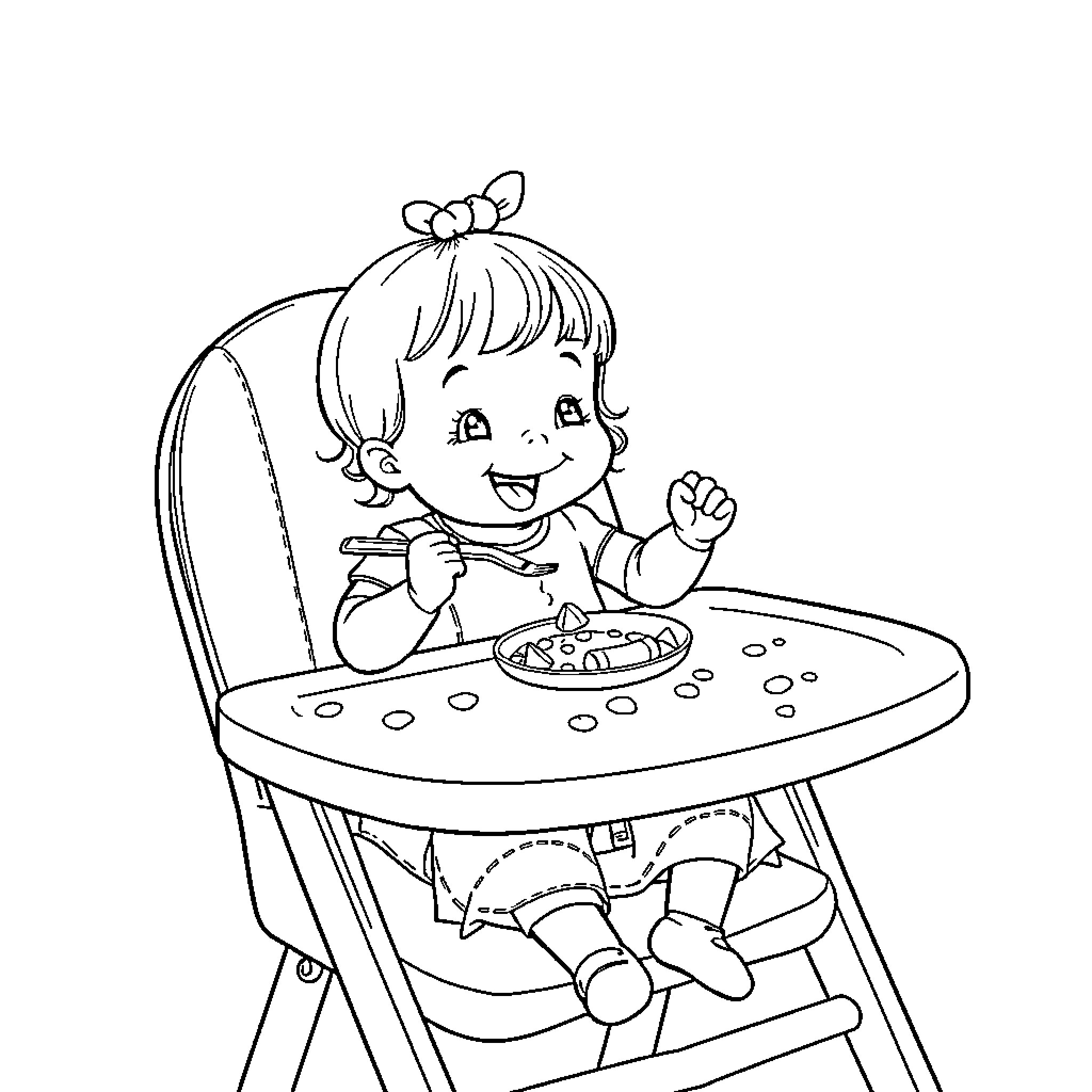 Girl enjoying a meal in her highchair Coloring Page (free black-and-white line drawing printable PDF for all, from beginners to advanced learners, including children, teens, adults, and seniors)