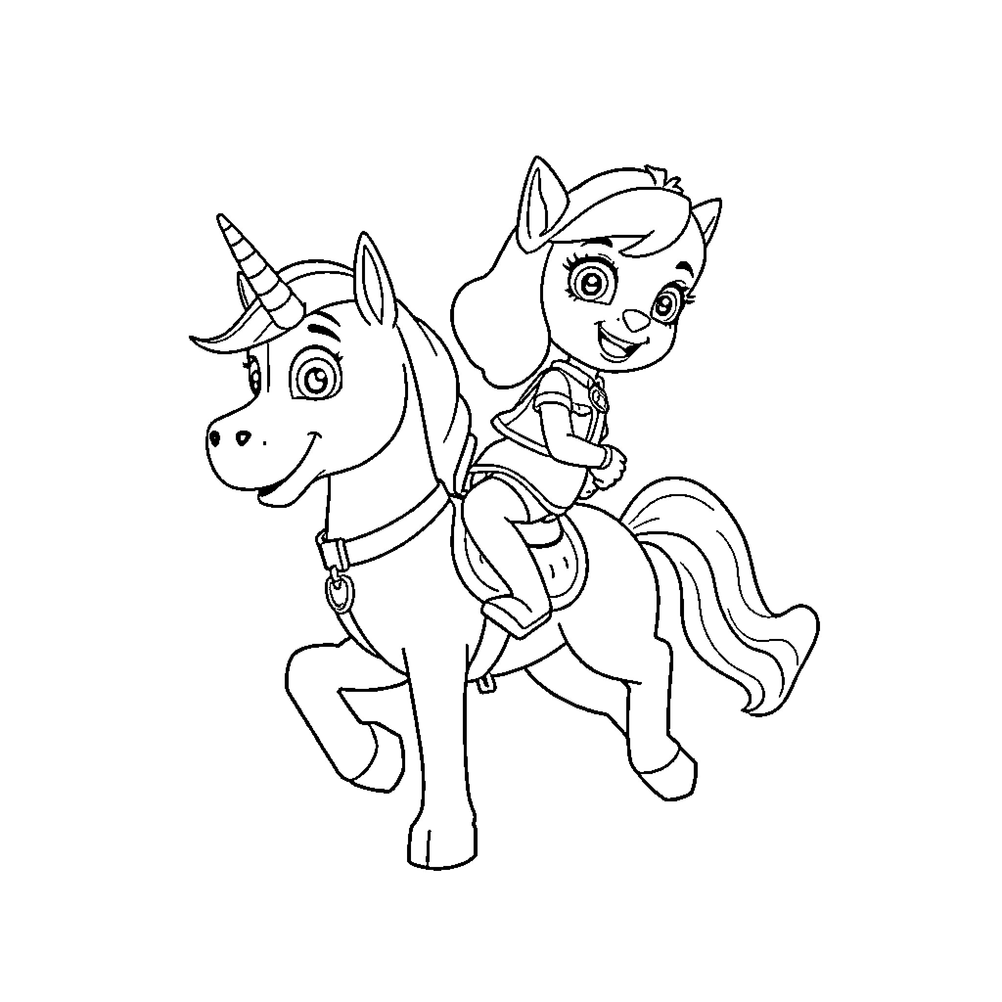 Skye riding a magical unicorn Coloring Page (free black-and-white line drawing printable PDF for all, from beginners to advanced learners, including children, teens, adults, and seniors)