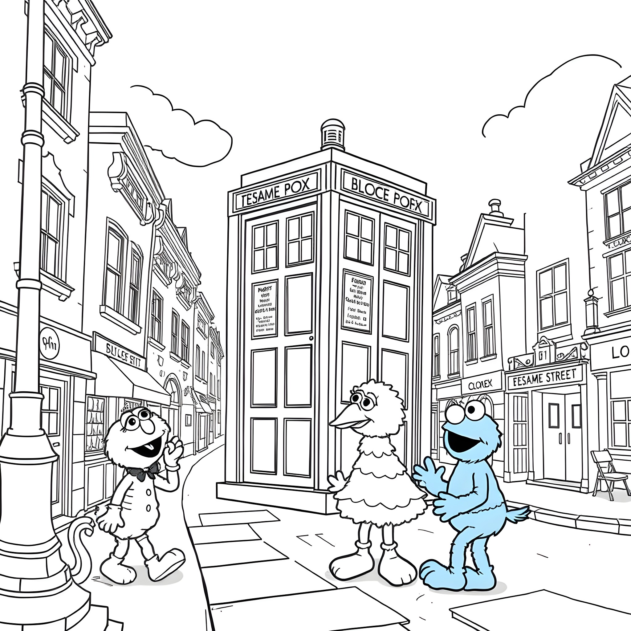 TARDIS and Sesame Street characters on the city street Coloring Page (free black-and-white line drawing printable PDF for all, from beginners to advanced learners, including children, teens, adults, and seniors)