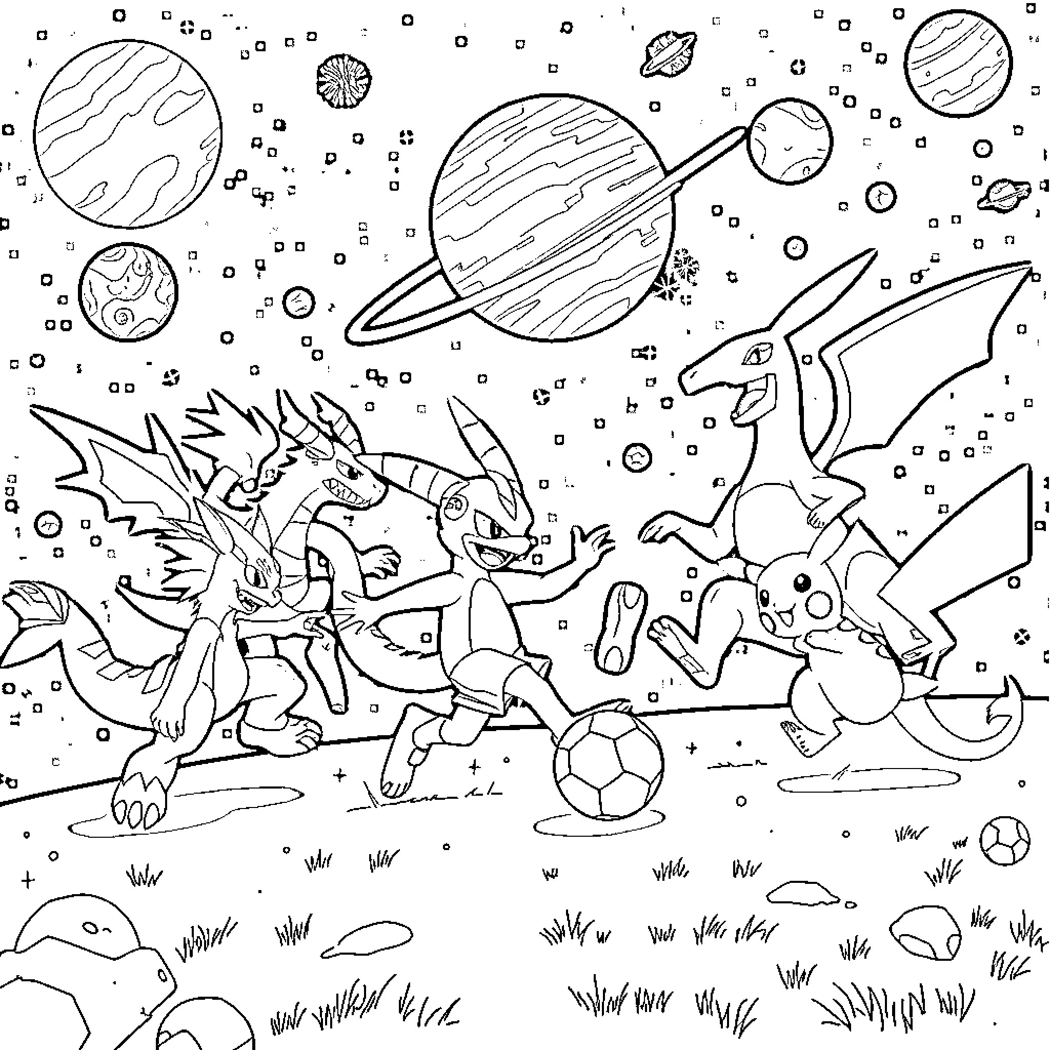 Digimon characters playing soccer in outer space Coloring Page (free black-and-white line drawing printable PDF for all, from beginners to advanced learners, including children, teens, adults, and seniors)