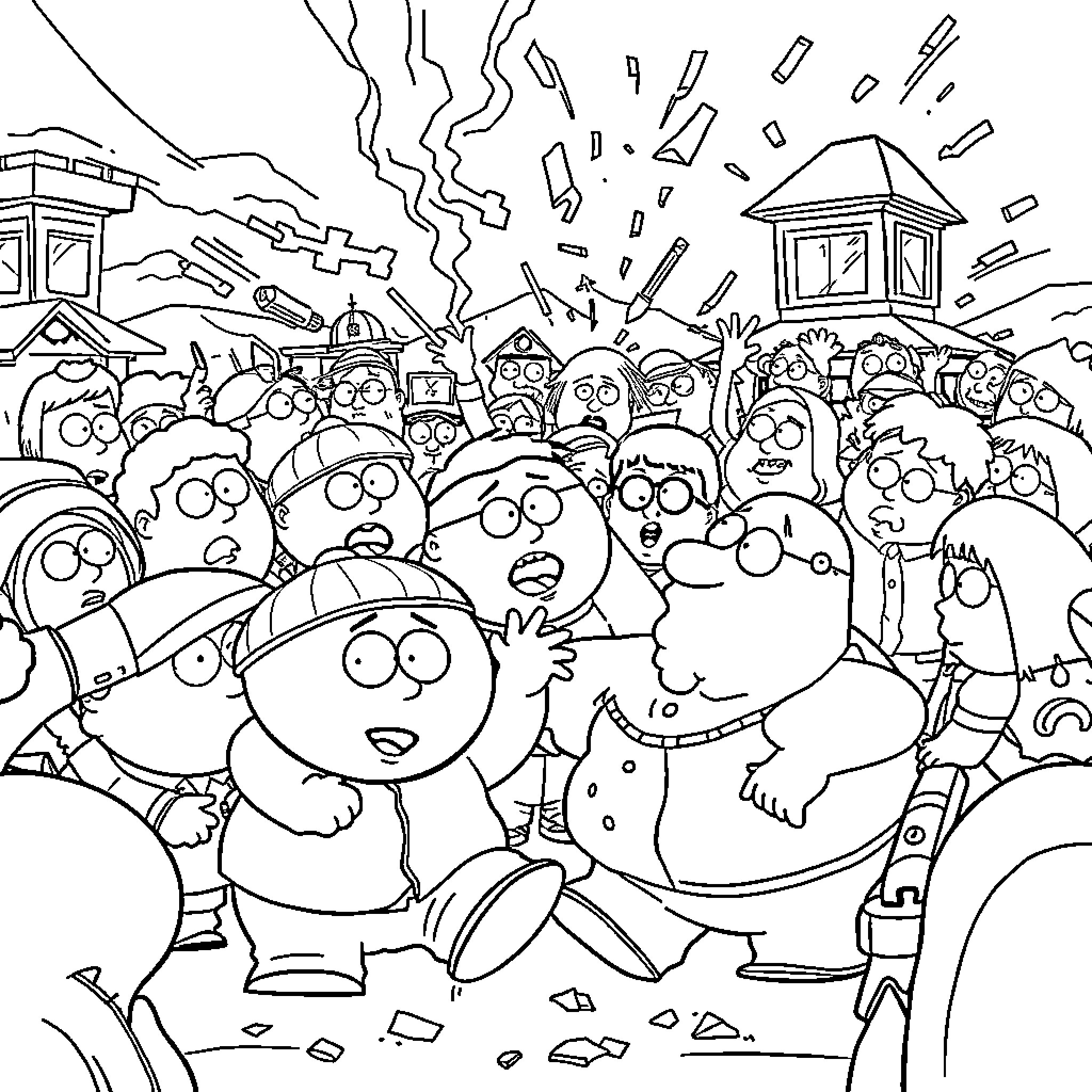 South Park characters in a chaotic gathering Coloring Page (free black-and-white line drawing printable PDF for all, from beginners to advanced learners, including children, teens, adults, and seniors)