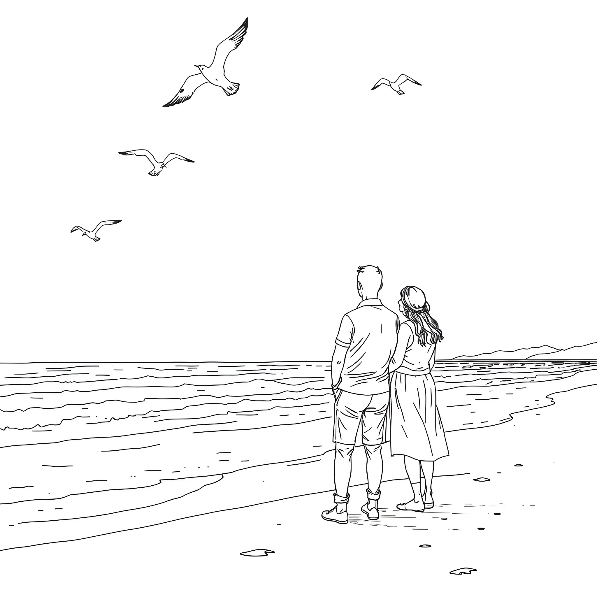 Couple standing together on the beach Coloring Page (free black-and-white line drawing printable PDF for all, from beginners to advanced learners, including children, teens, adults, and seniors)