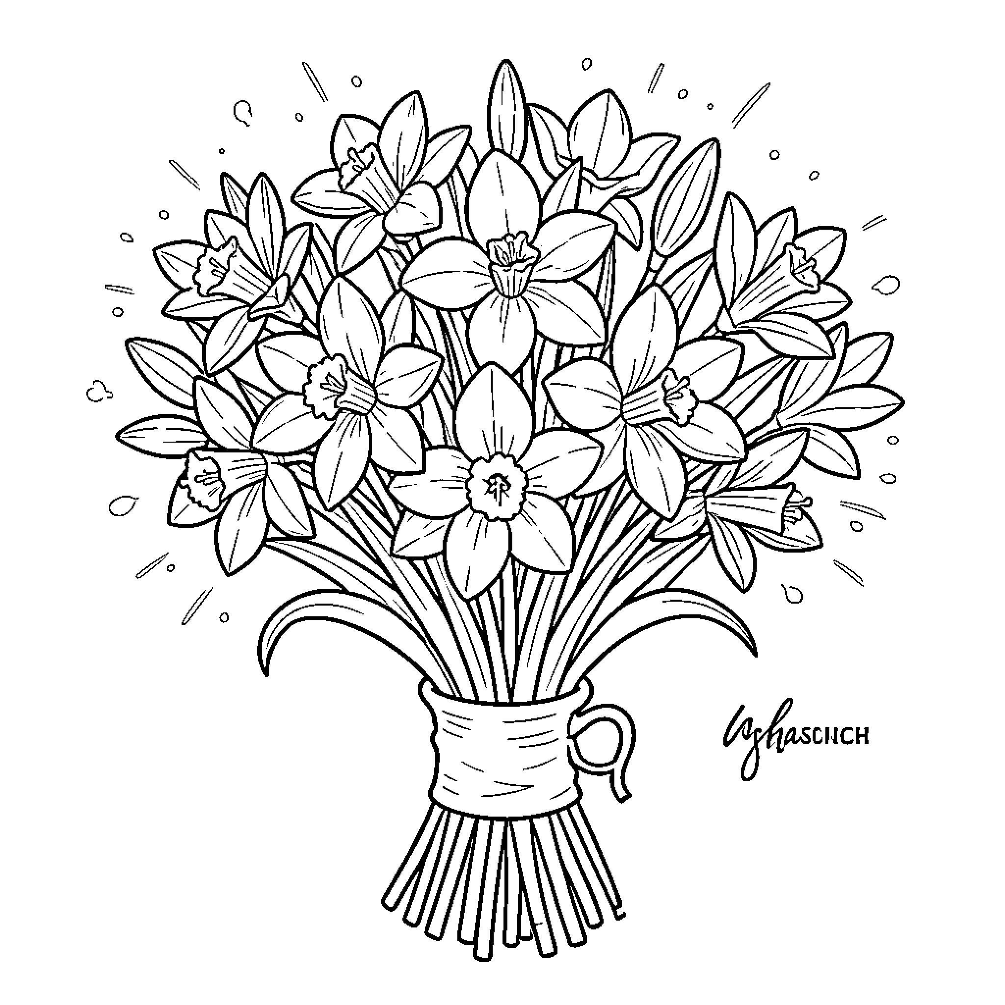 Stitch a Bouquet of Delicate Flowers Coloring Page (free black-and-white line drawing printable PDF for all, from beginners to advanced learners, including children, teens, adults, and seniors)