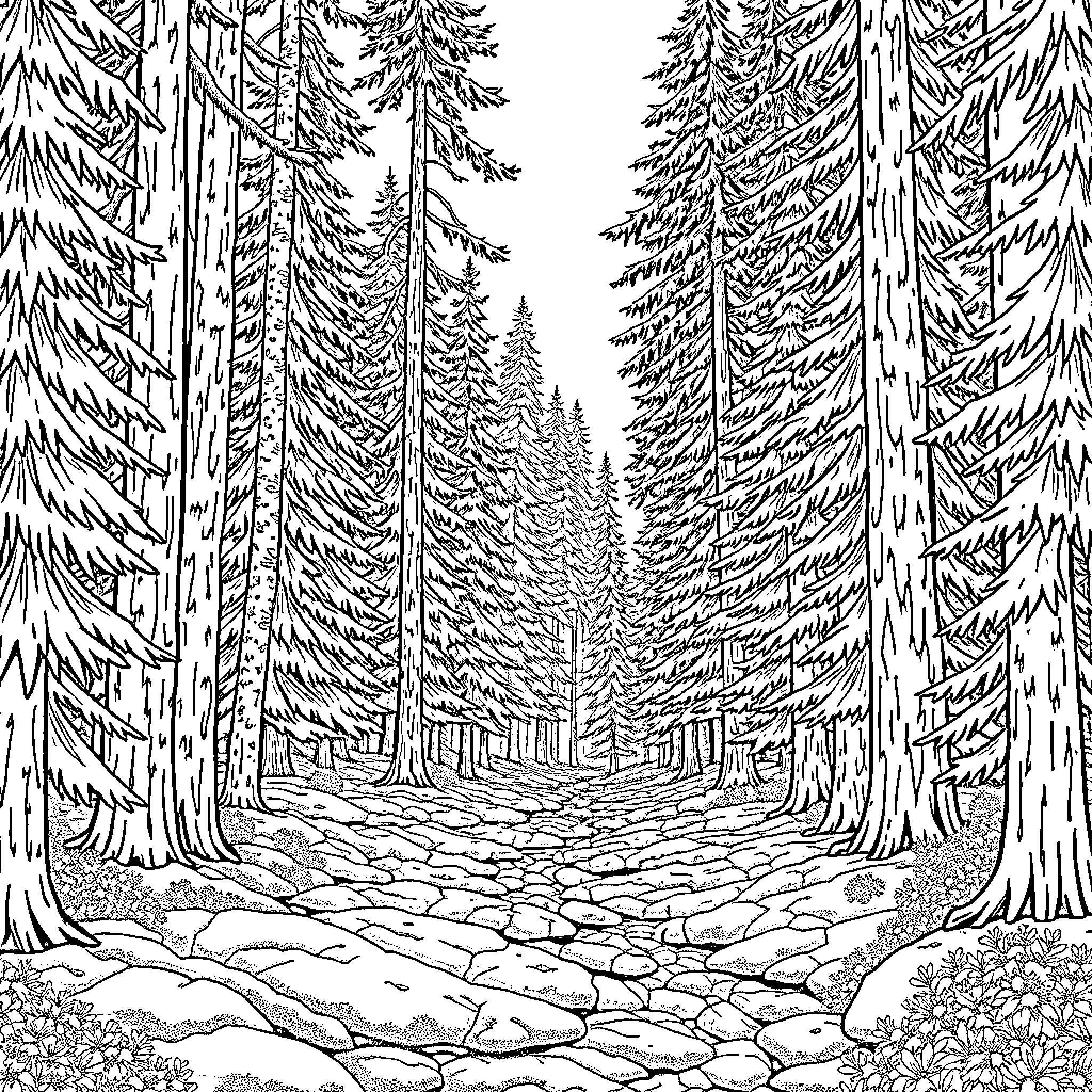 Forest path through towering evergreen trees Coloring Page (free black-and-white line drawing printable PDF for all, from beginners to advanced learners, including children, teens, adults, and seniors)