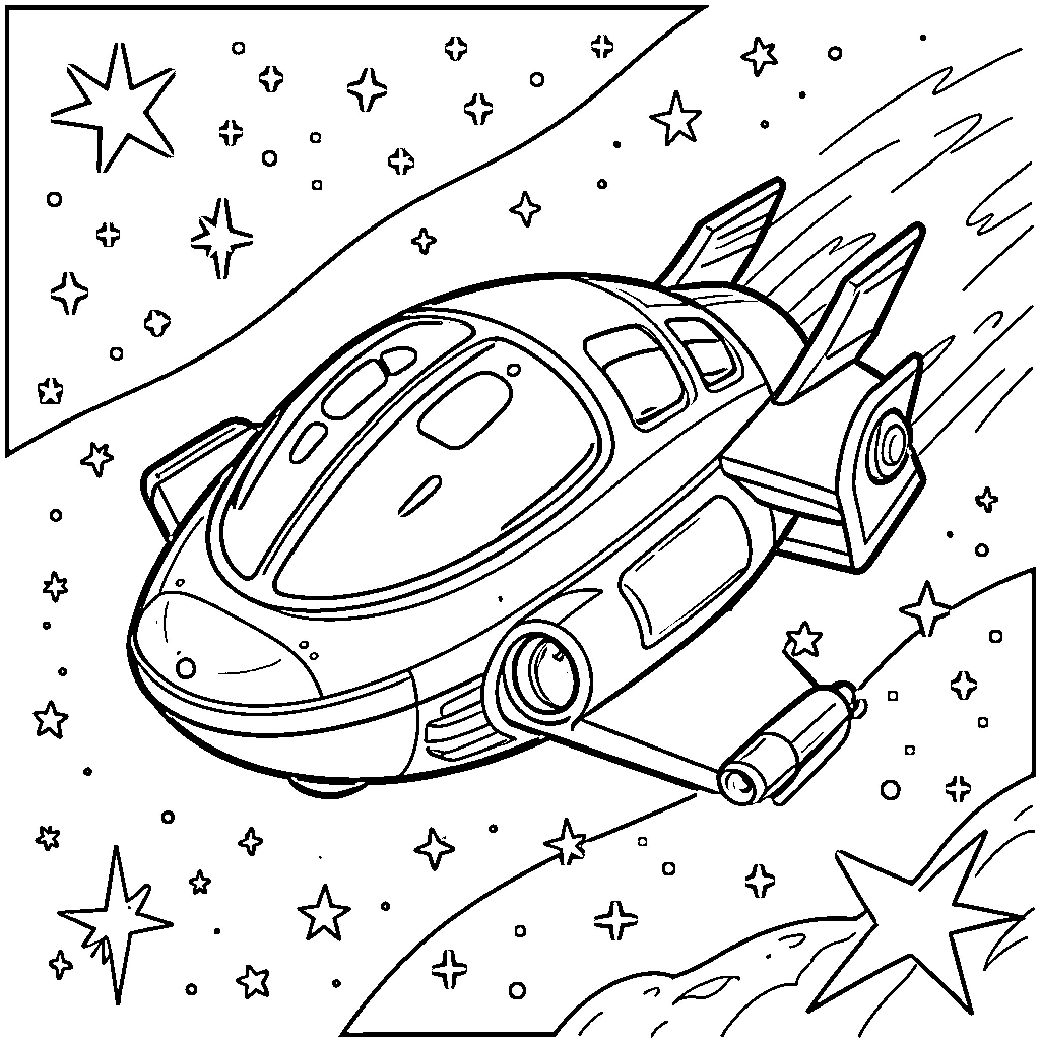 Spaceship soaring through the starry cosmos Coloring Page (free black-and-white line drawing printable PDF for all, from beginners to advanced learners, including children, teens, adults, and seniors)