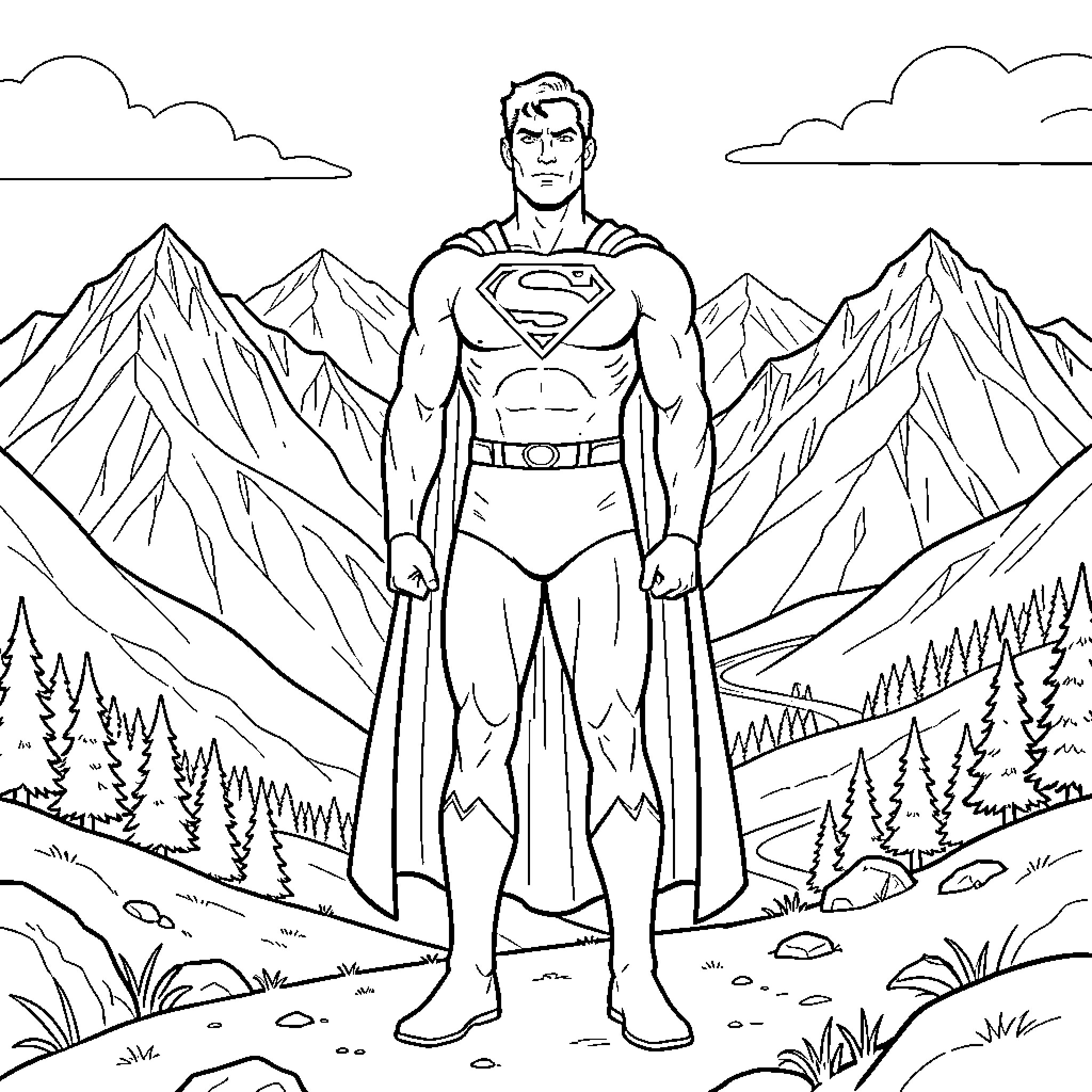 Superman standing heroically amidst a vast mountain landscape Coloring Page (free black-and-white line drawing printable PDF for all, from beginners to advanced learners, including children, teens, adults, and seniors)