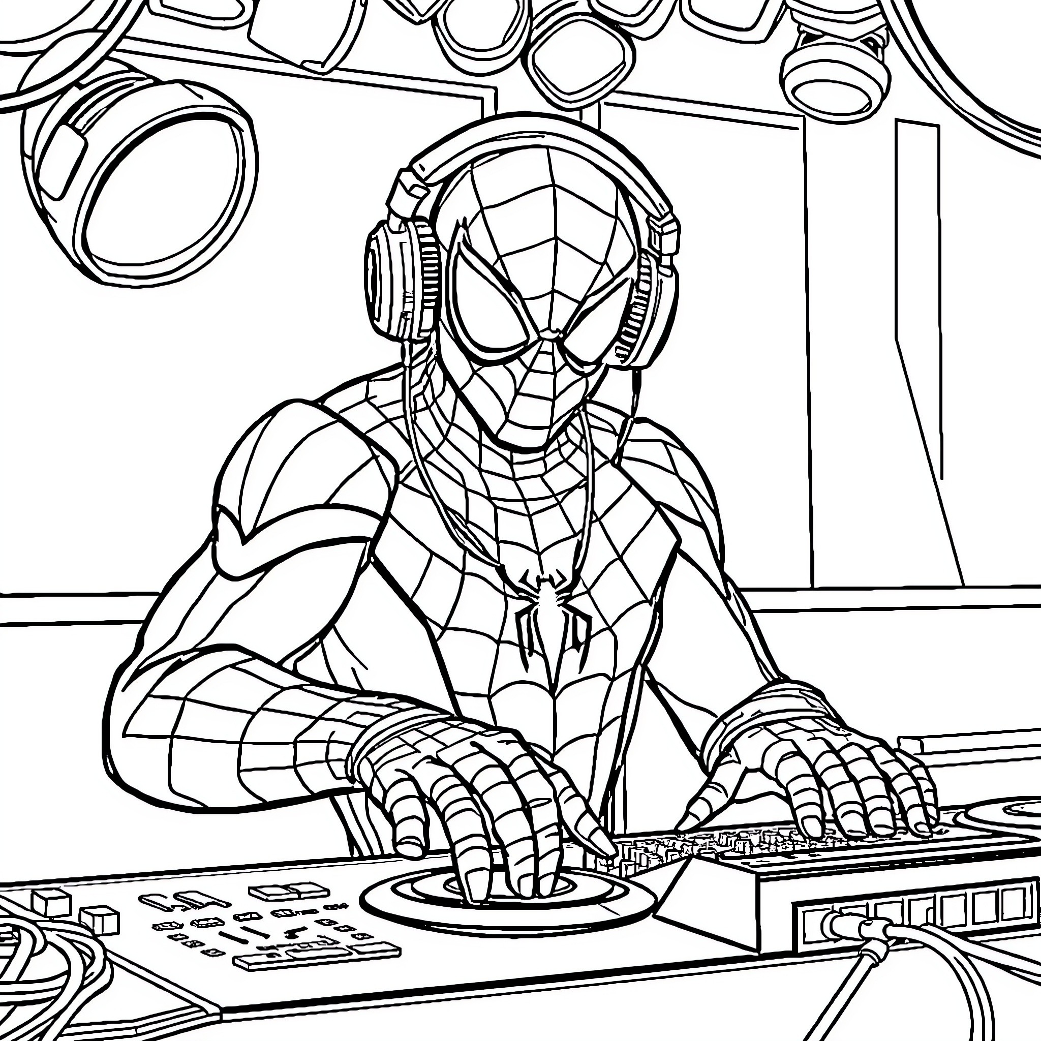 Spider-Man gaming on his computer Coloring Page (free black-and-white line drawing printable PDF for all, from beginners to advanced learners, including children, teens, adults, and seniors)