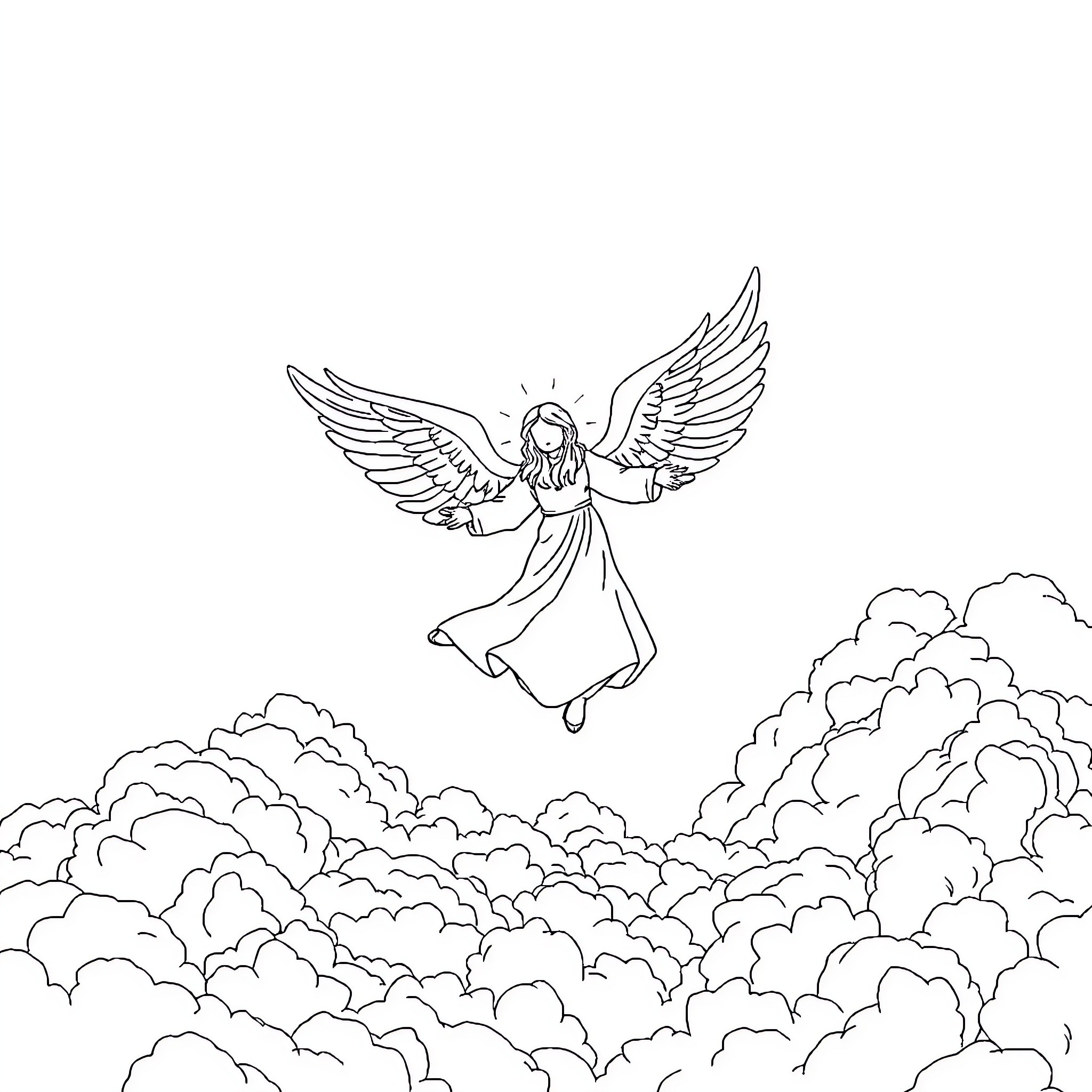 Angel spreading wings over cloudy sky Coloring Page (free black-and-white line drawing printable PDF for all, from beginners to advanced learners, including children, teens, adults, and seniors)