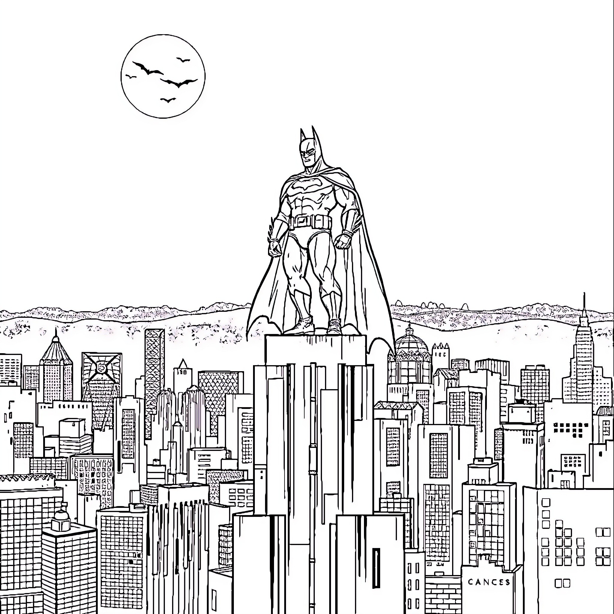 Batman overlooking the city at night Coloring Page (free black-and-white line drawing printable PDF for all, from beginners to advanced learners, including children, teens, adults, and seniors)