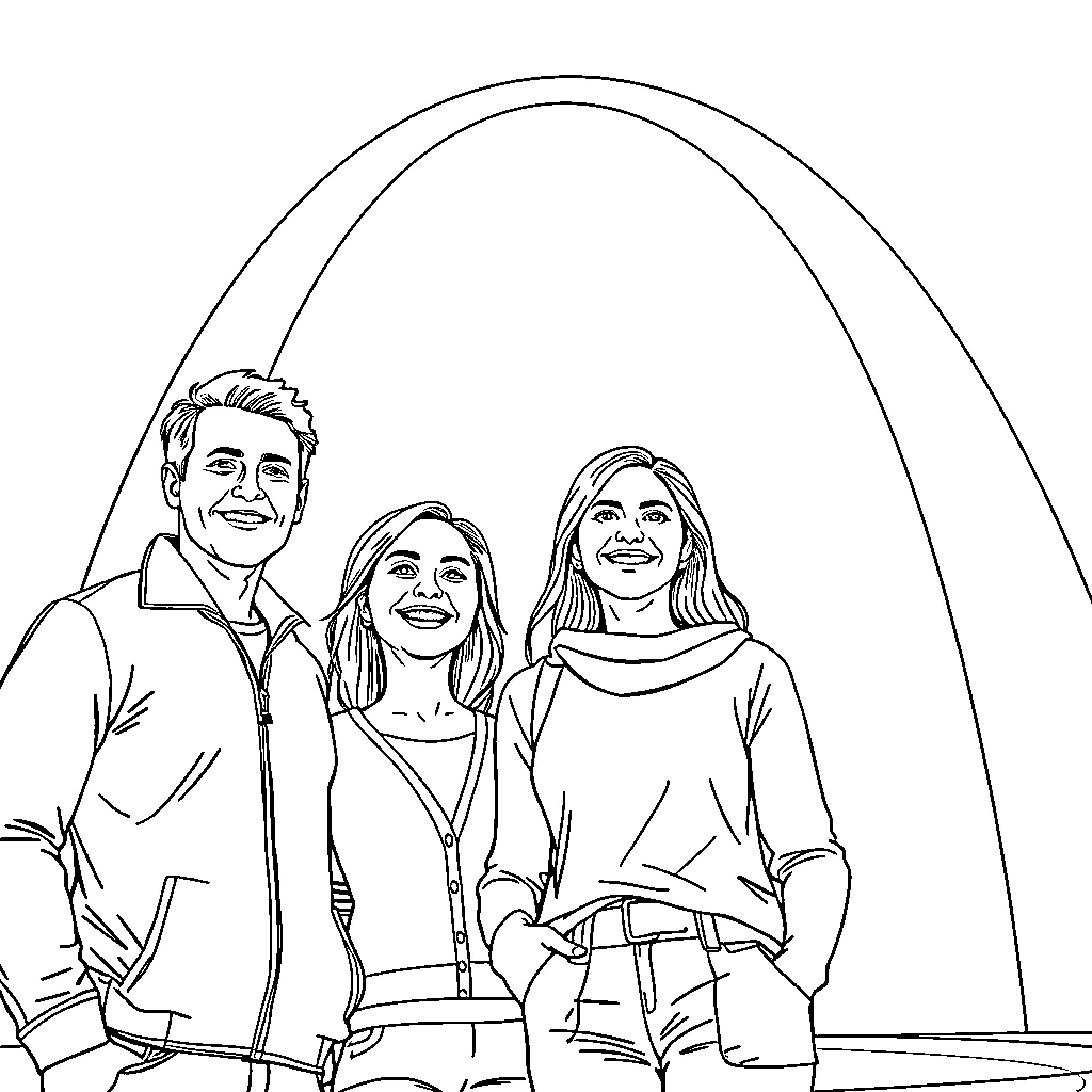 Family Posing for a Photograph Coloring Page (free black-and-white line drawing printable PDF for all, from beginners to advanced learners, including children, teens, adults, and seniors)
