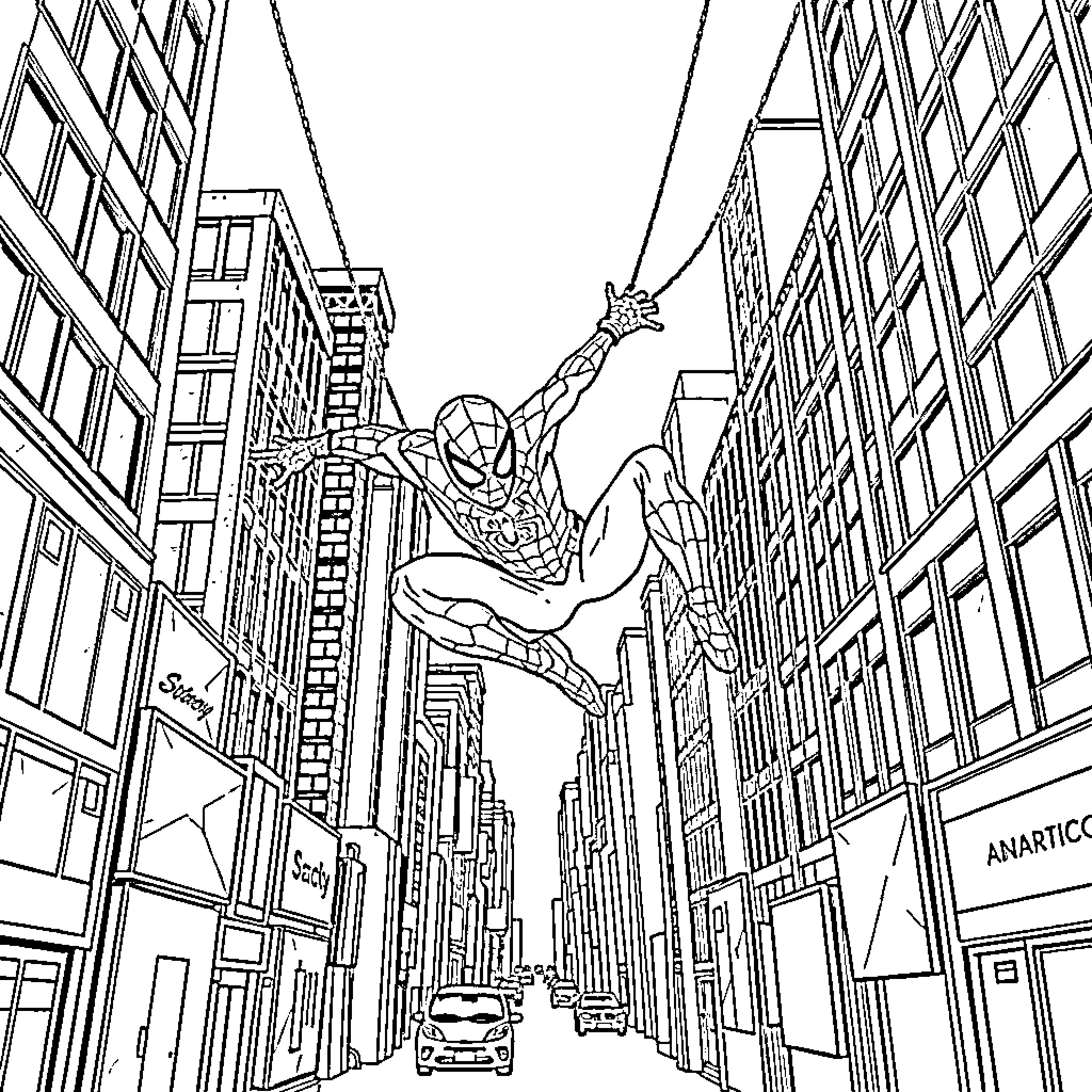 Spiderman swinging through the city streets Coloring Page (free black-and-white line drawing printable PDF for all, from beginners to advanced learners, including children, teens, adults, and seniors)