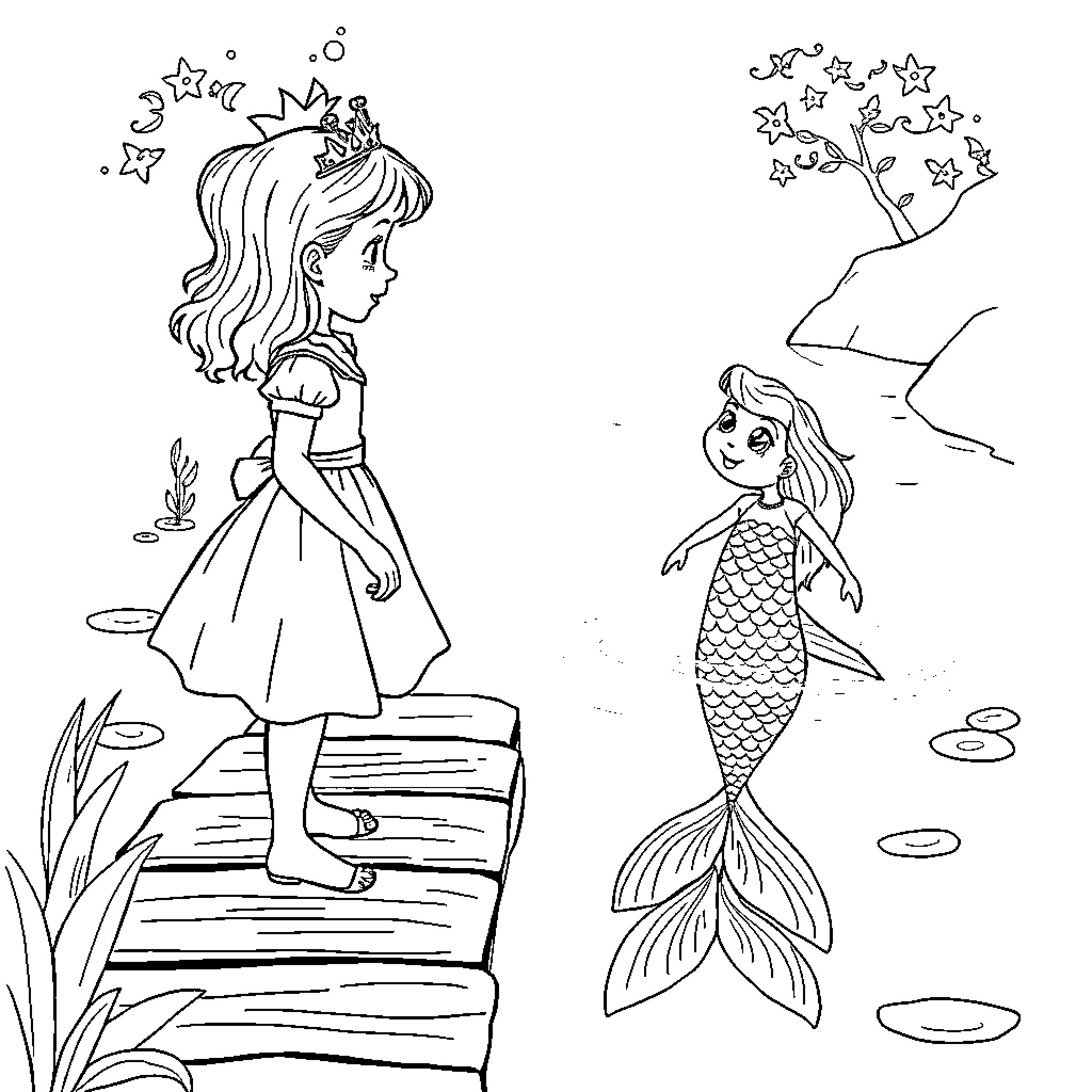 Princess exploring magical underwater world Coloring Page (free black-and-white line drawing printable PDF for all, from beginners to advanced learners, including children, teens, adults, and seniors)