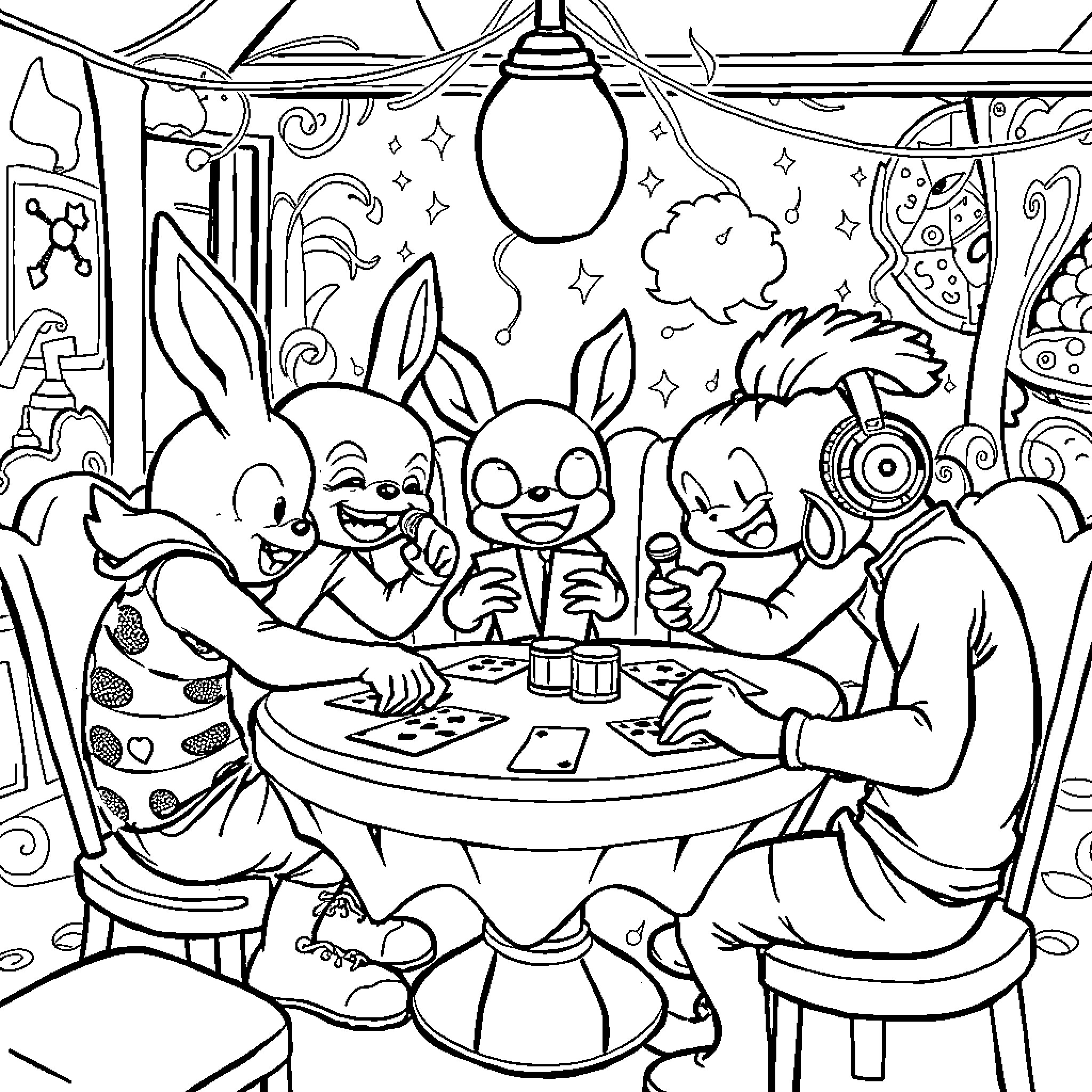 Machop Friends Enjoying a Fun Party Coloring Page (free black-and-white line drawing printable PDF for all, from beginners to advanced learners, including children, teens, adults, and seniors)