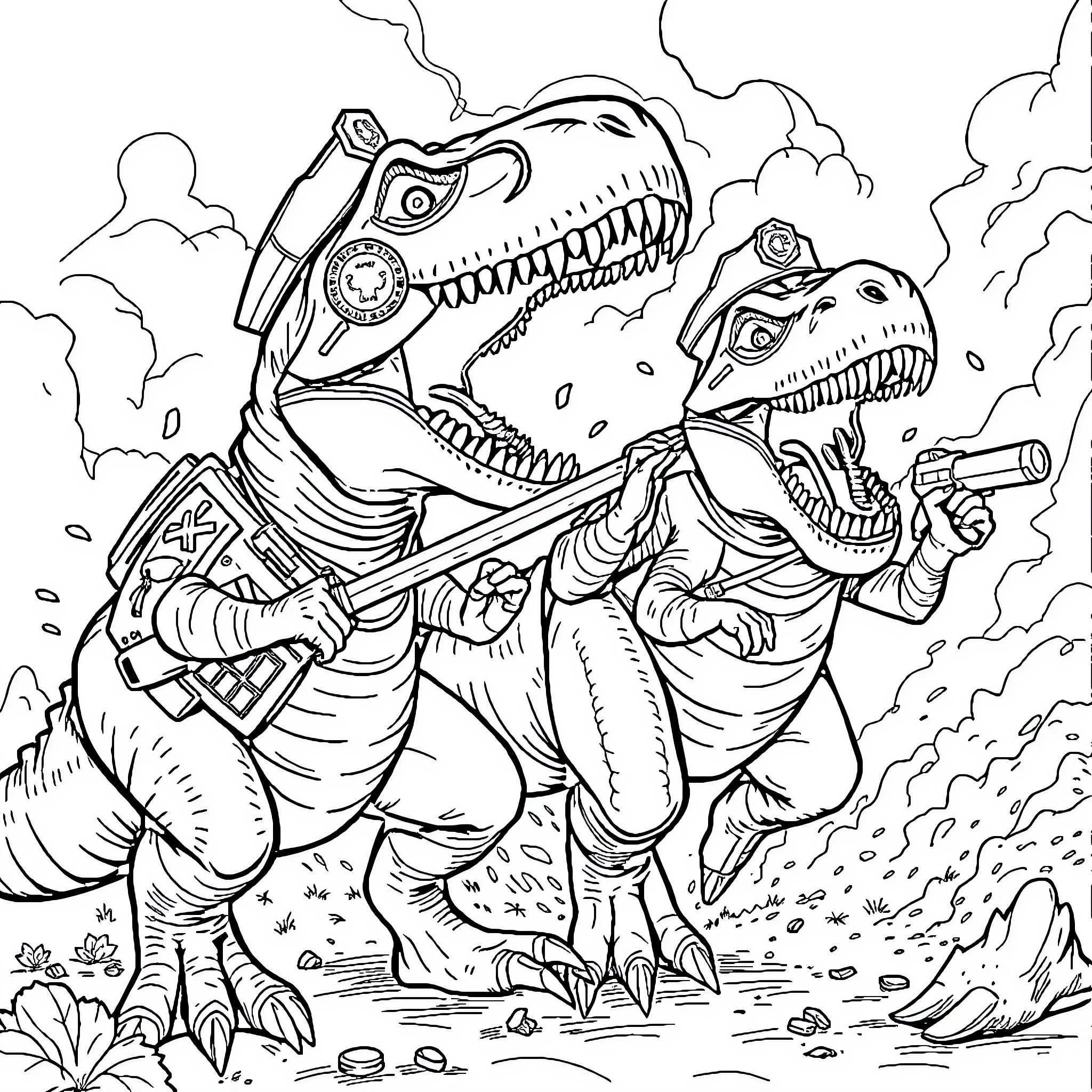 T-Rex Rivals Battling in the Primordial Landscape Coloring Page (free black-and-white line drawing printable PDF for all, from beginners to advanced learners, including children, teens, adults, and seniors)