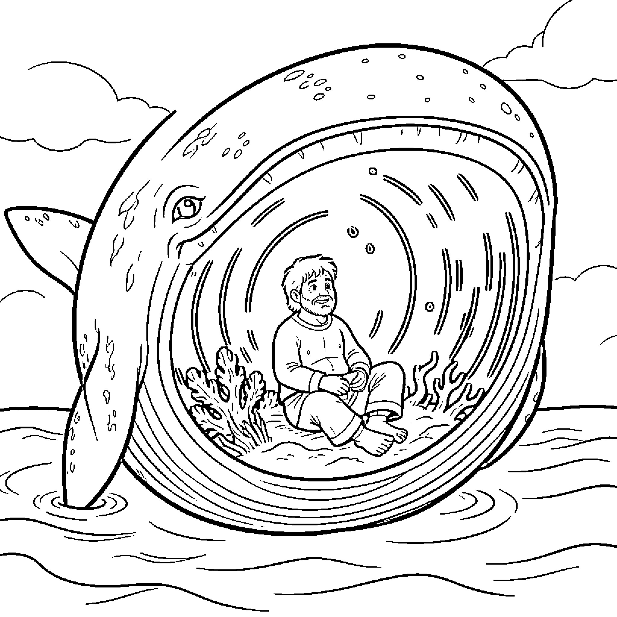 Jonah sitting inside a large whale's mouth Coloring Page (free black-and-white line drawing printable PDF for all, from beginners to advanced learners, including children, teens, adults, and seniors)