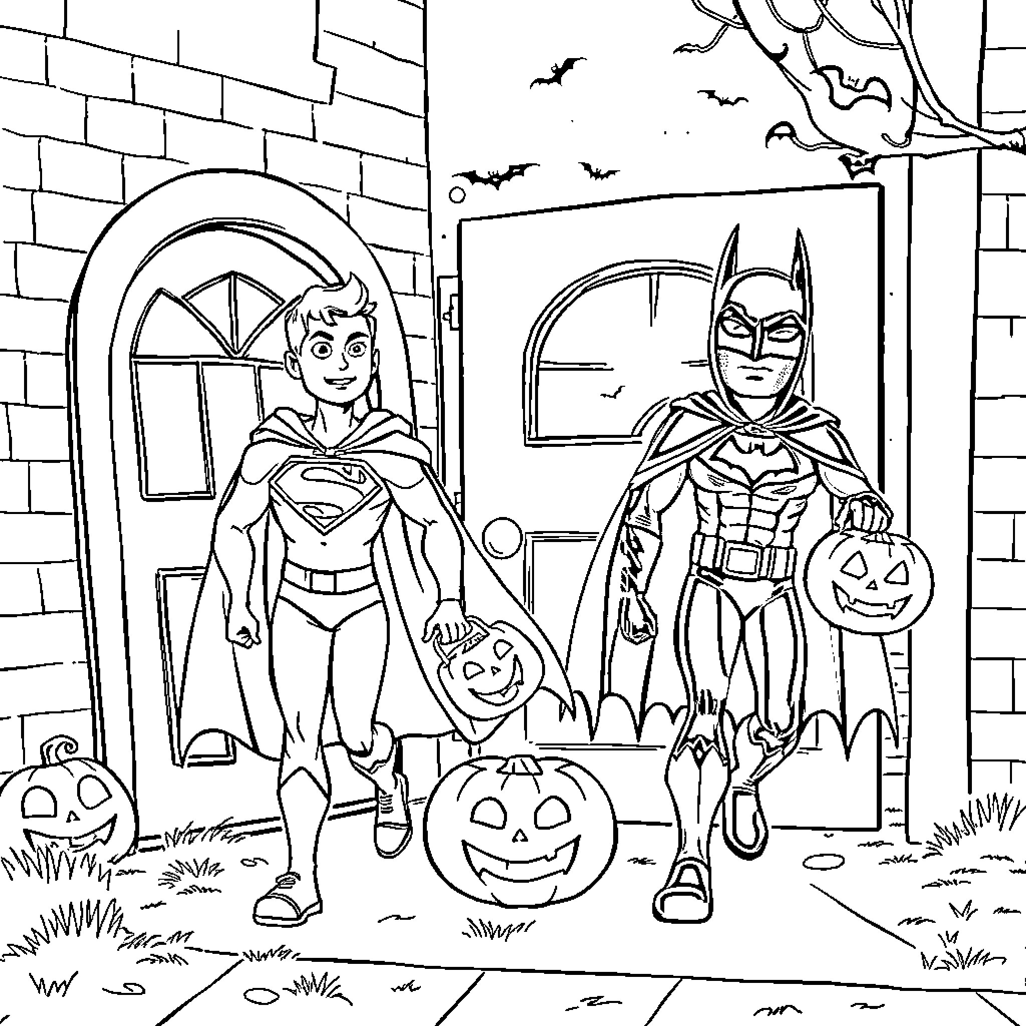 Superman and Batman trick-or-treating on Halloween Coloring Page (free black-and-white line drawing printable PDF for all, from beginners to advanced learners, including children, teens, adults, and seniors)