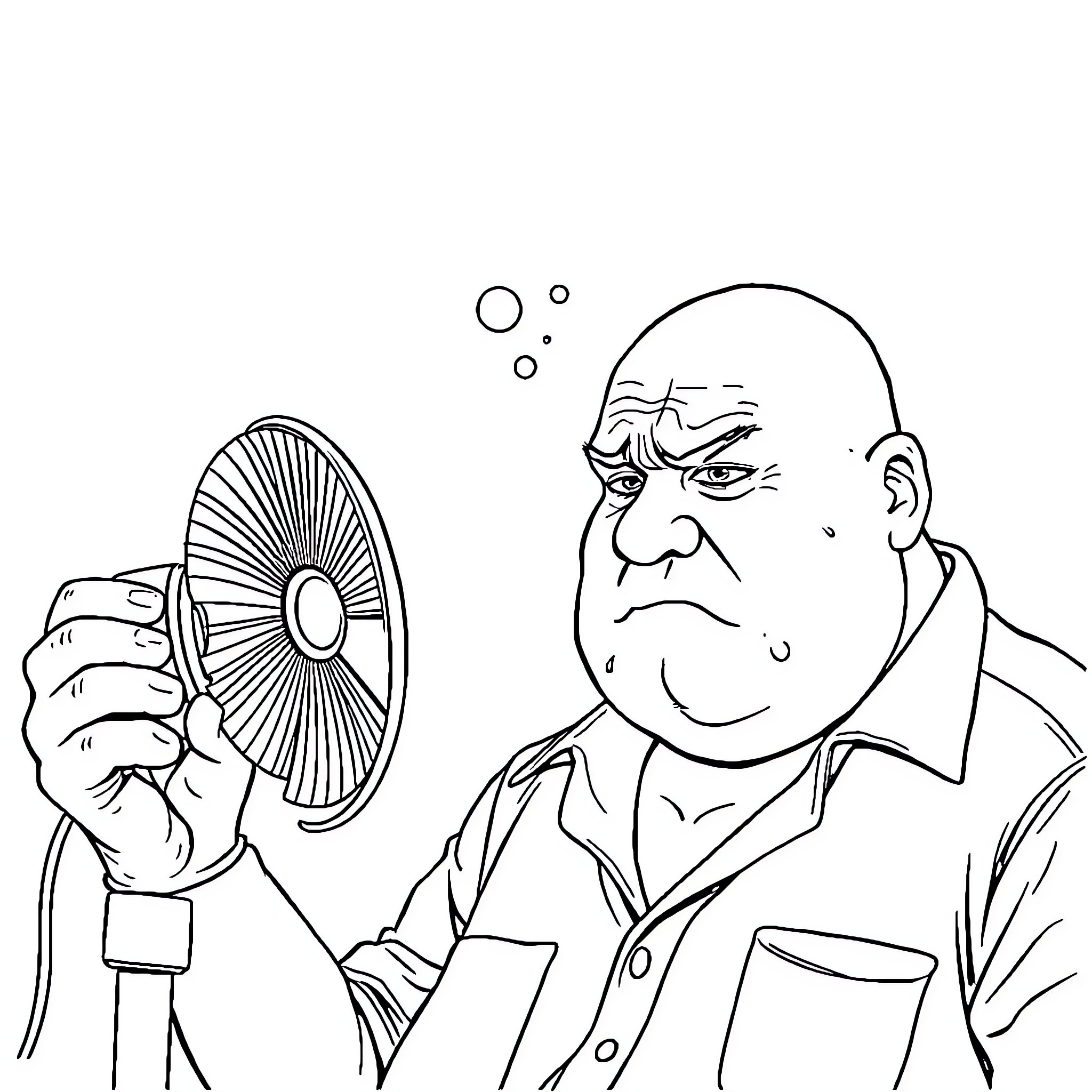 Man Struggling with Broken Handheld Fan Coloring Page (free black-and-white line drawing printable PDF for all, from beginners to advanced learners, including children, teens, adults, and seniors)