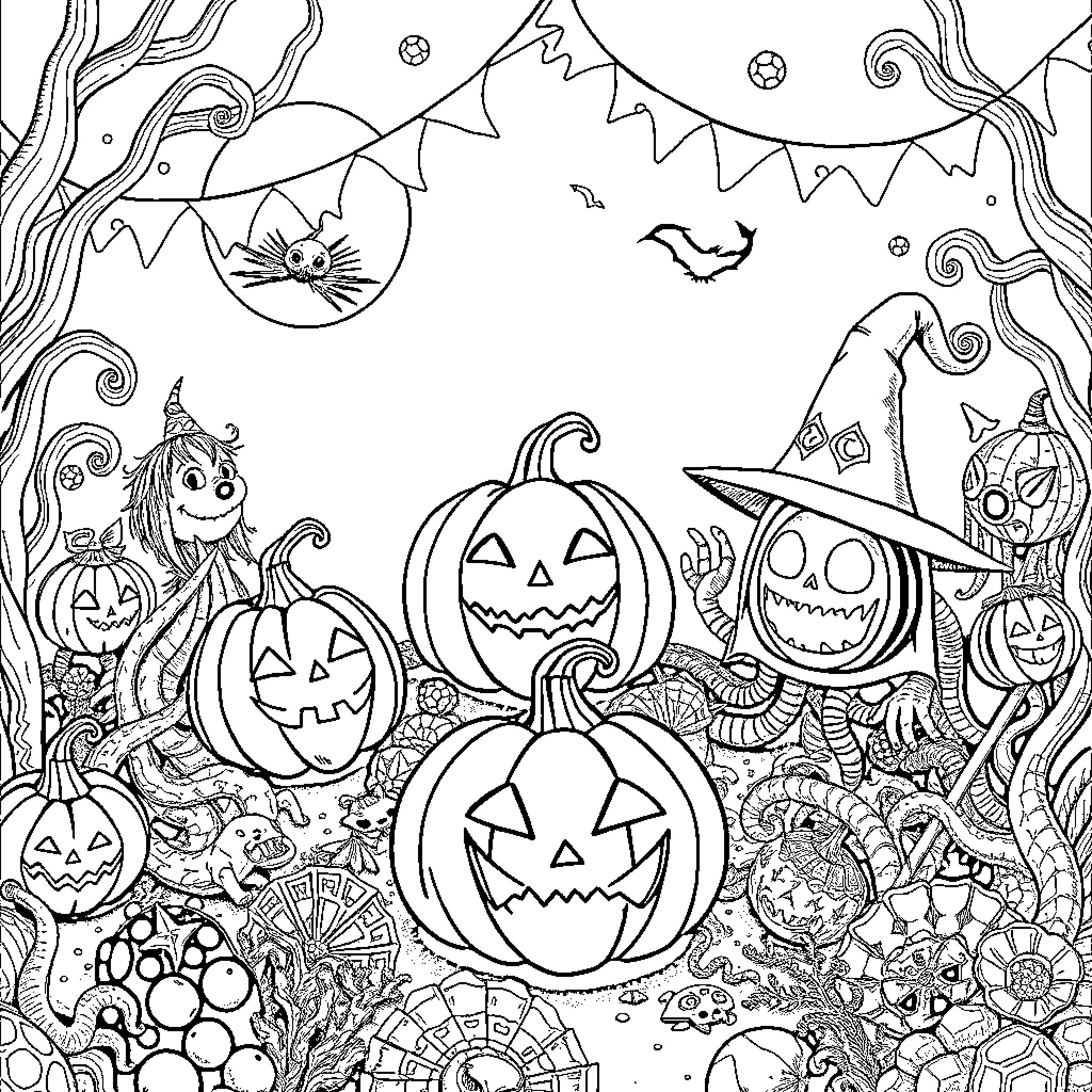 Halloween scene with pumpkins, creatures, and decorations Coloring Page (free black-and-white line drawing printable PDF for all, from beginners to advanced learners, including children, teens, adults, and seniors)