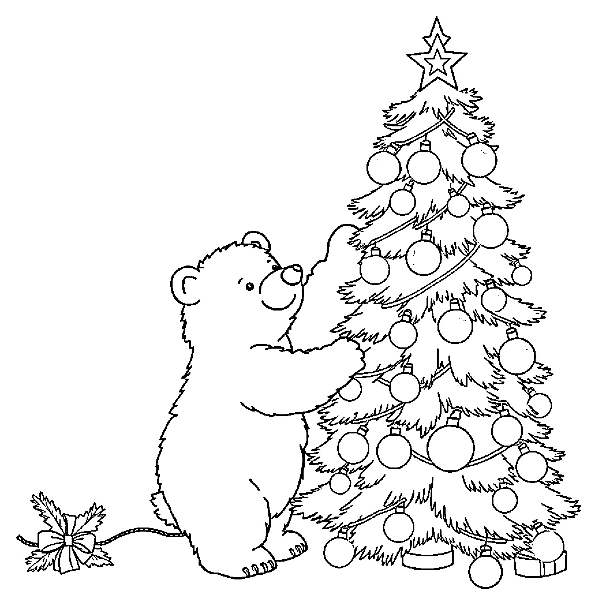Polar Bear Decorating Christmas Tree Coloring Page (free black-and-white line drawing printable PDF for all, from beginners to advanced learners, including children, teens, adults, and seniors)