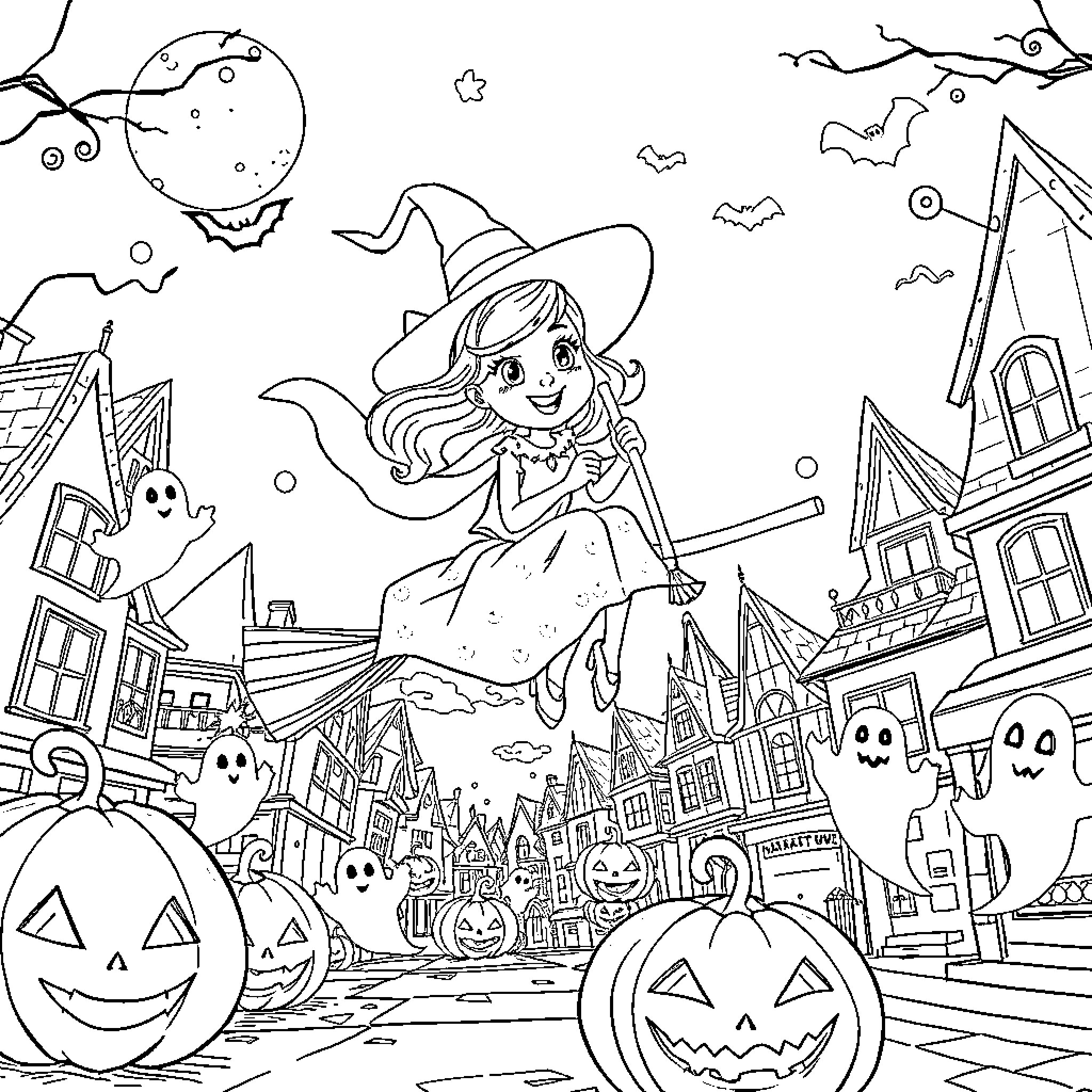 Marnie Cromwell's Spooky Halloween Adventure Coloring Page (free black-and-white line drawing printable PDF for all, from beginners to advanced learners, including children, teens, adults, and seniors)