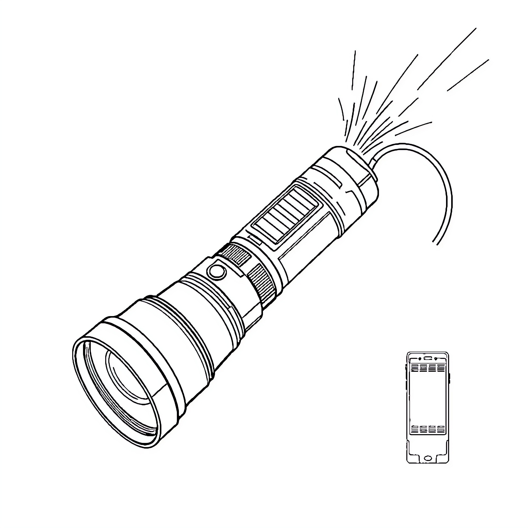 Flashlight shining brightly in the dark Coloring Page (free black-and-white line drawing printable PDF for all, from beginners to advanced learners, including children, teens, adults, and seniors)