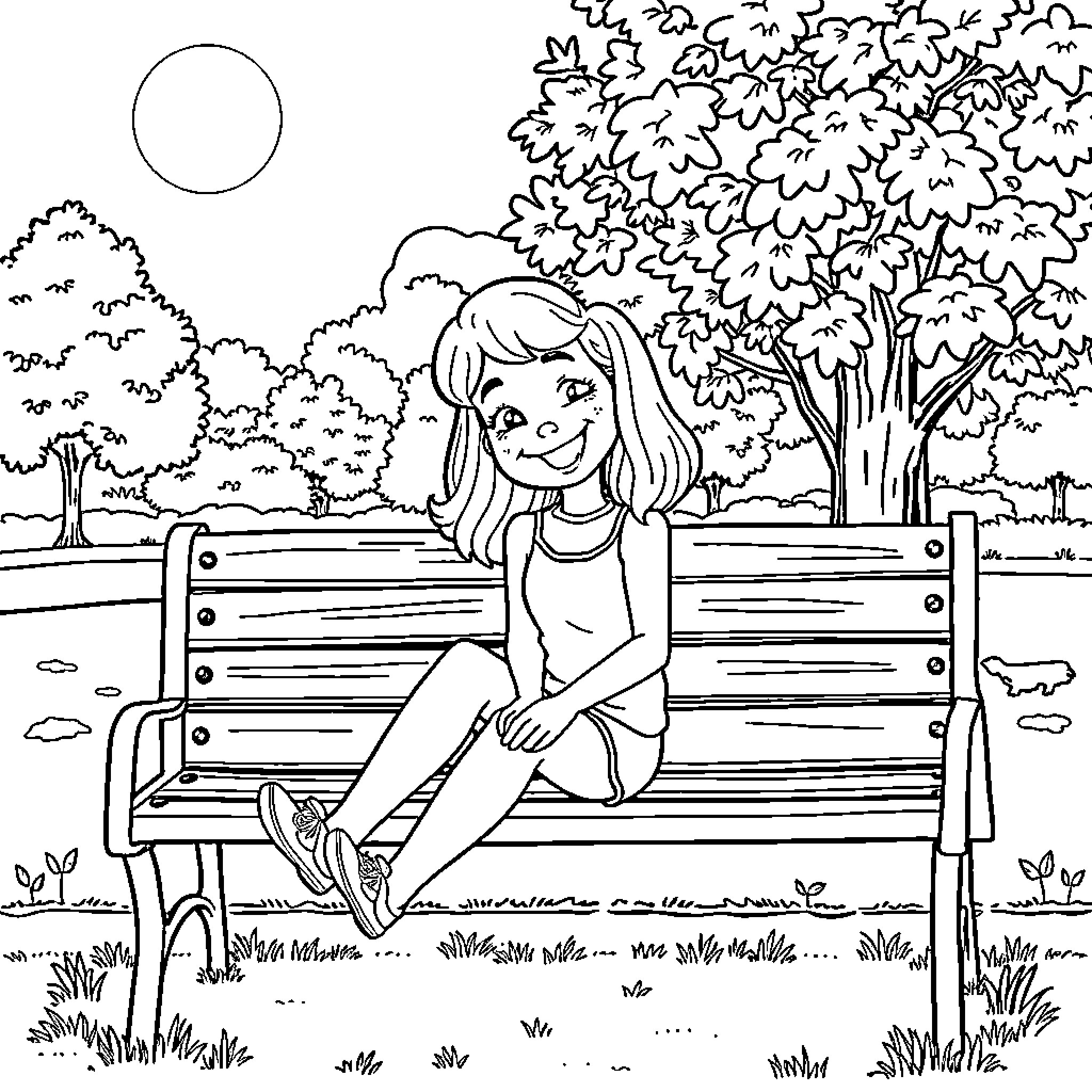 Callie enjoying a peaceful moment in the park Coloring Page (free black-and-white line drawing printable PDF for all, from beginners to advanced learners, including children, teens, adults, and seniors)