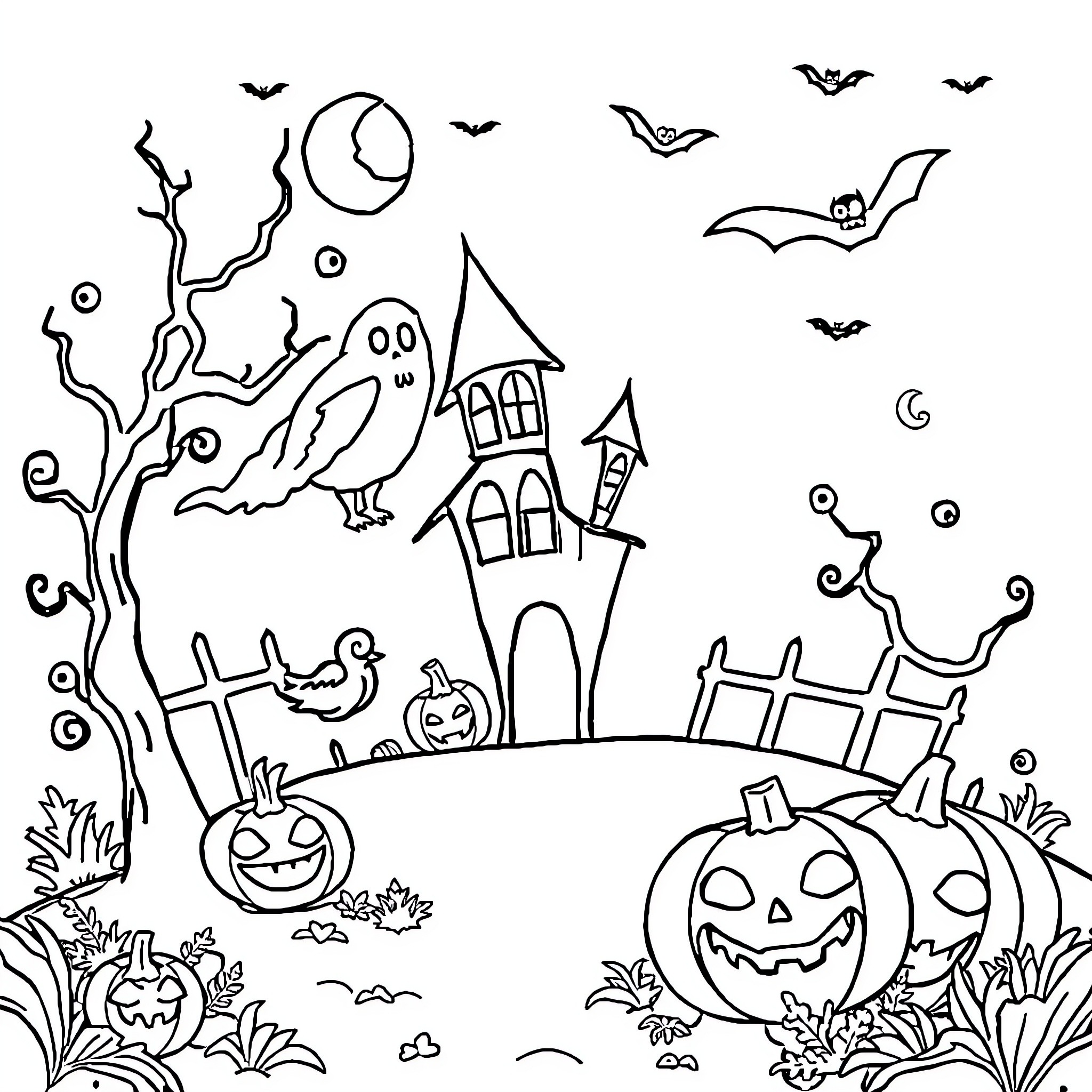 Halloween scene with haunted house and spooky characters Coloring Page (free black-and-white line drawing printable PDF for all, from beginners to advanced learners, including children, teens, adults, and seniors)
