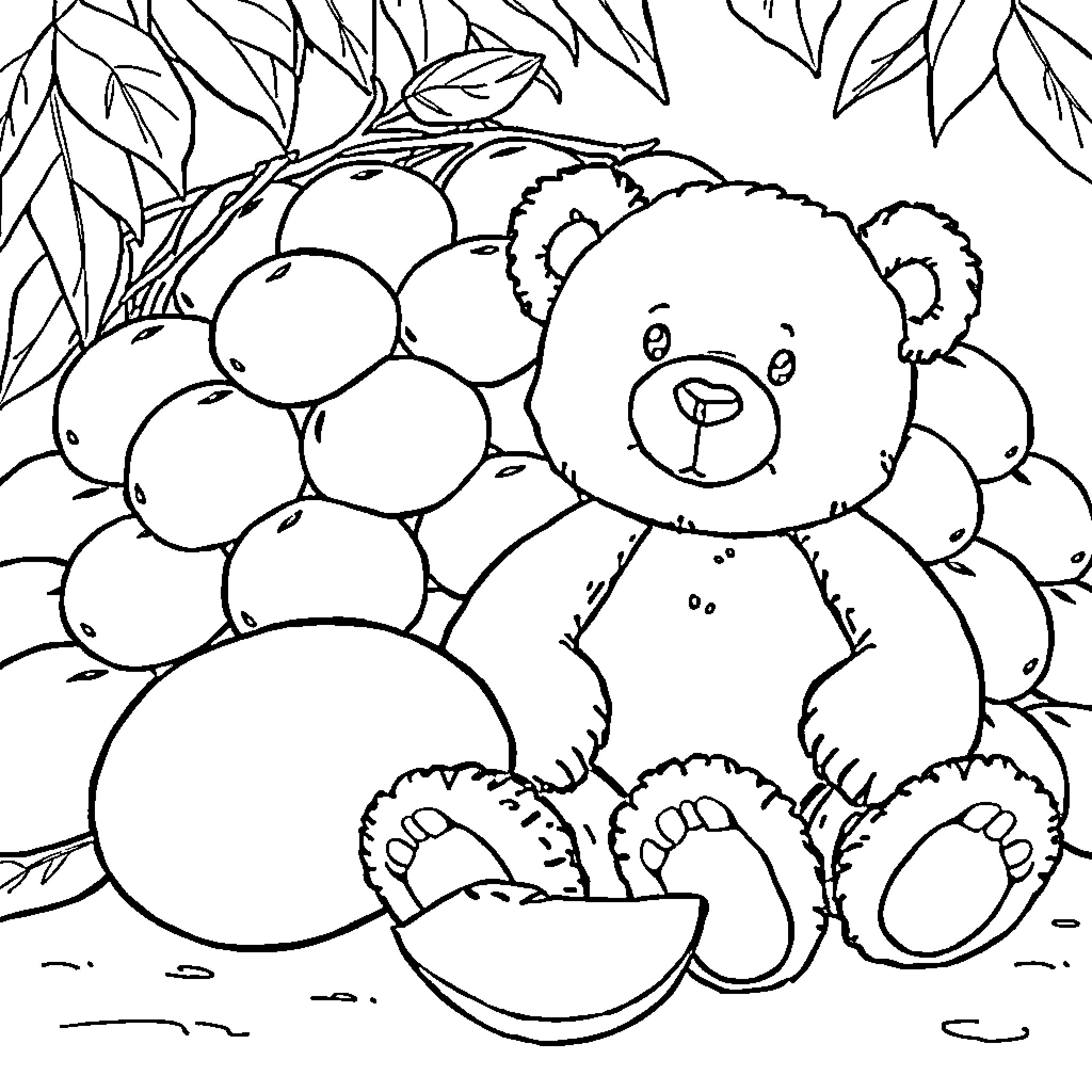 Teddy Bear nestled in leaves and berries Coloring Page (free black-and-white line drawing printable PDF for all, from beginners to advanced learners, including children, teens, adults, and seniors)