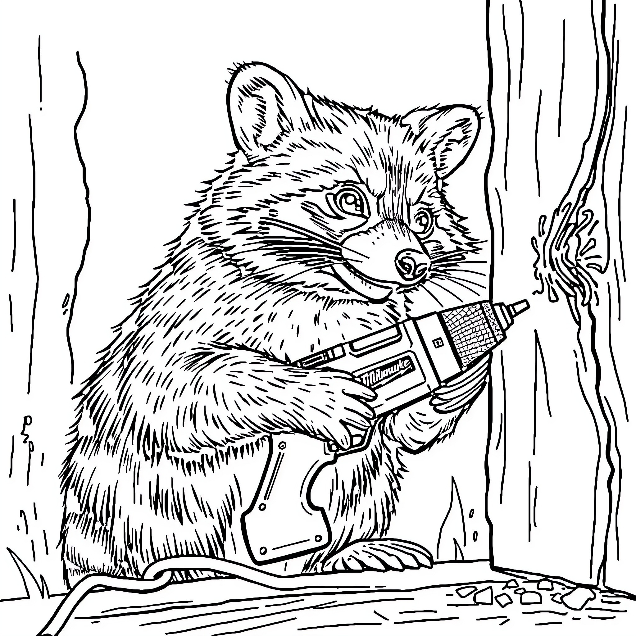 Raccoon exploring the forest with a camera Coloring Page (free black-and-white line drawing printable PDF for all, from beginners to advanced learners, including children, teens, adults, and seniors)