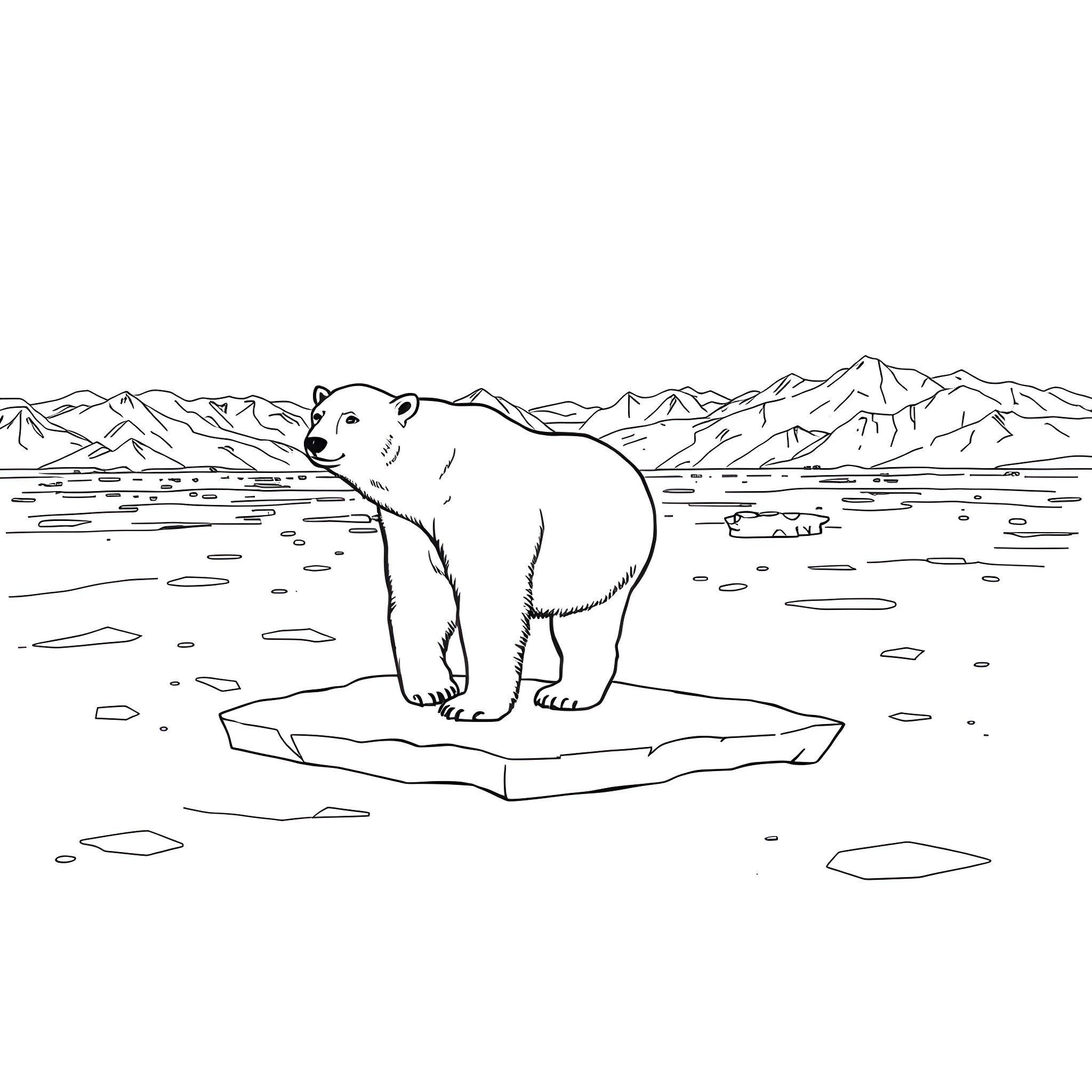 Polar Bear Standing on Icy Landscape Coloring Page (free black-and-white line drawing printable PDF for all, from beginners to advanced learners, including children, teens, adults, and seniors)