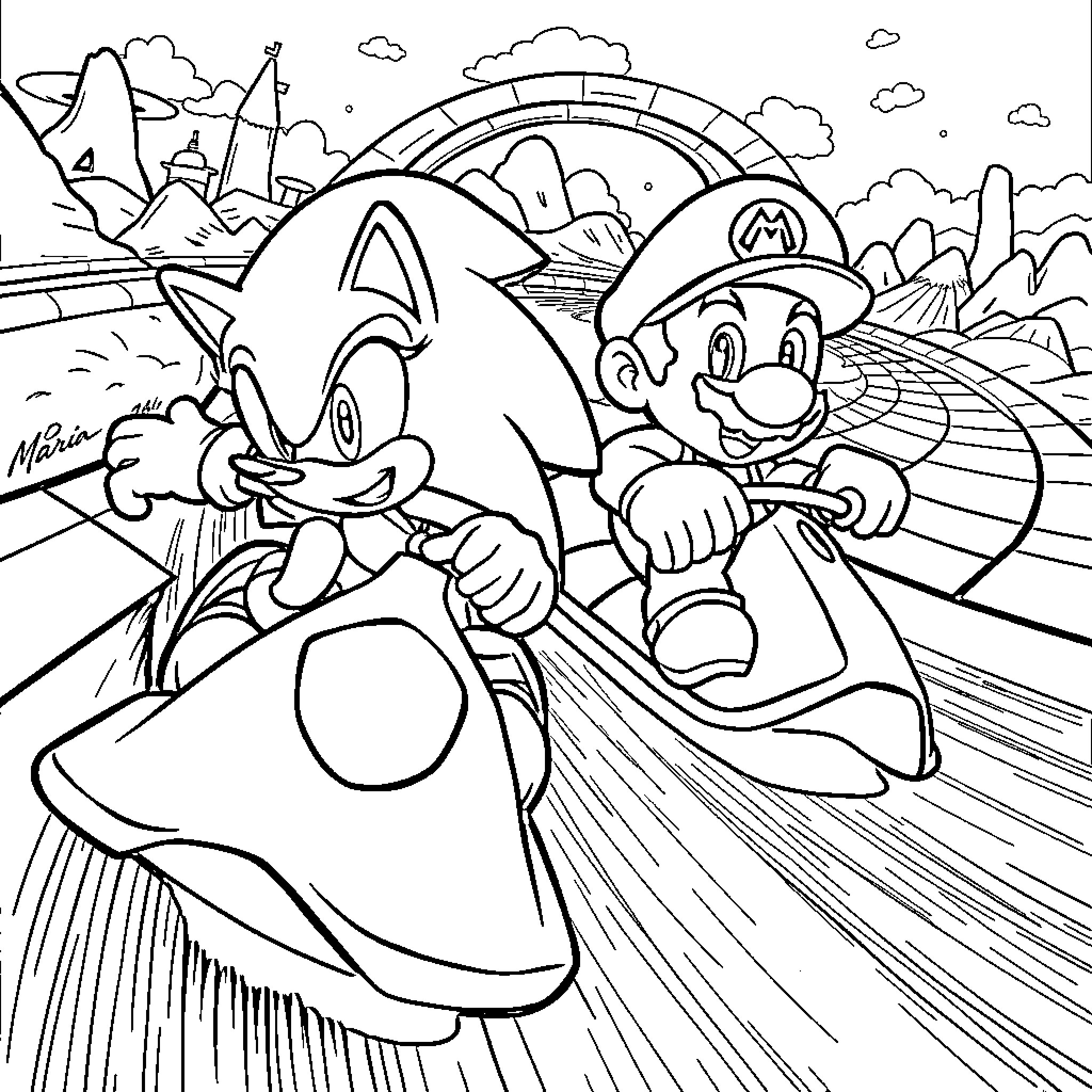 Sonic and Mario explore a vibrant, fantastical world Coloring Page (free black-and-white line drawing printable PDF for all, from beginners to advanced learners, including children, teens, adults, and seniors)
