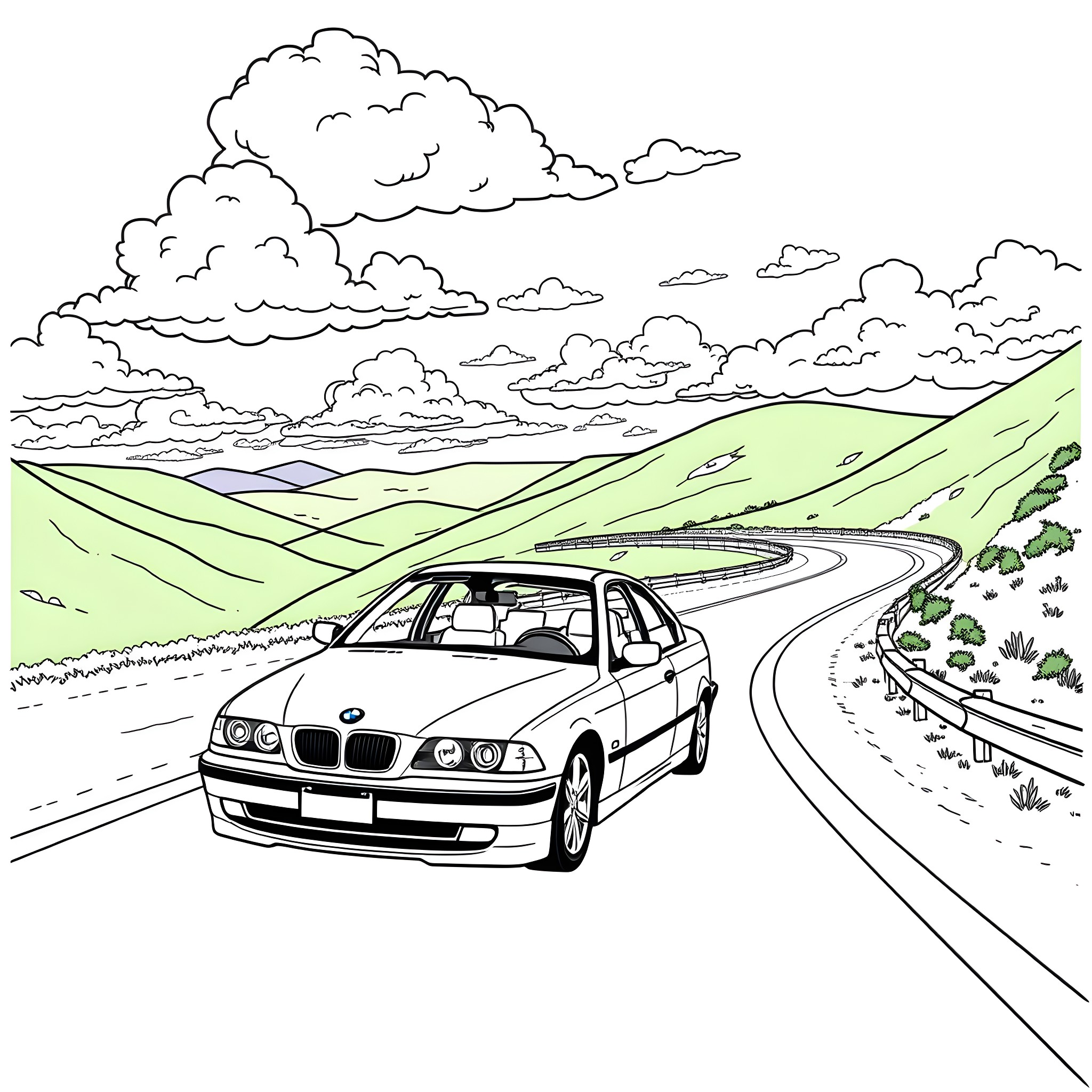 BMW driving on a winding road through scenic landscape Coloring Page (free black-and-white line drawing printable PDF for all, from beginners to advanced learners, including children, teens, adults, and seniors)