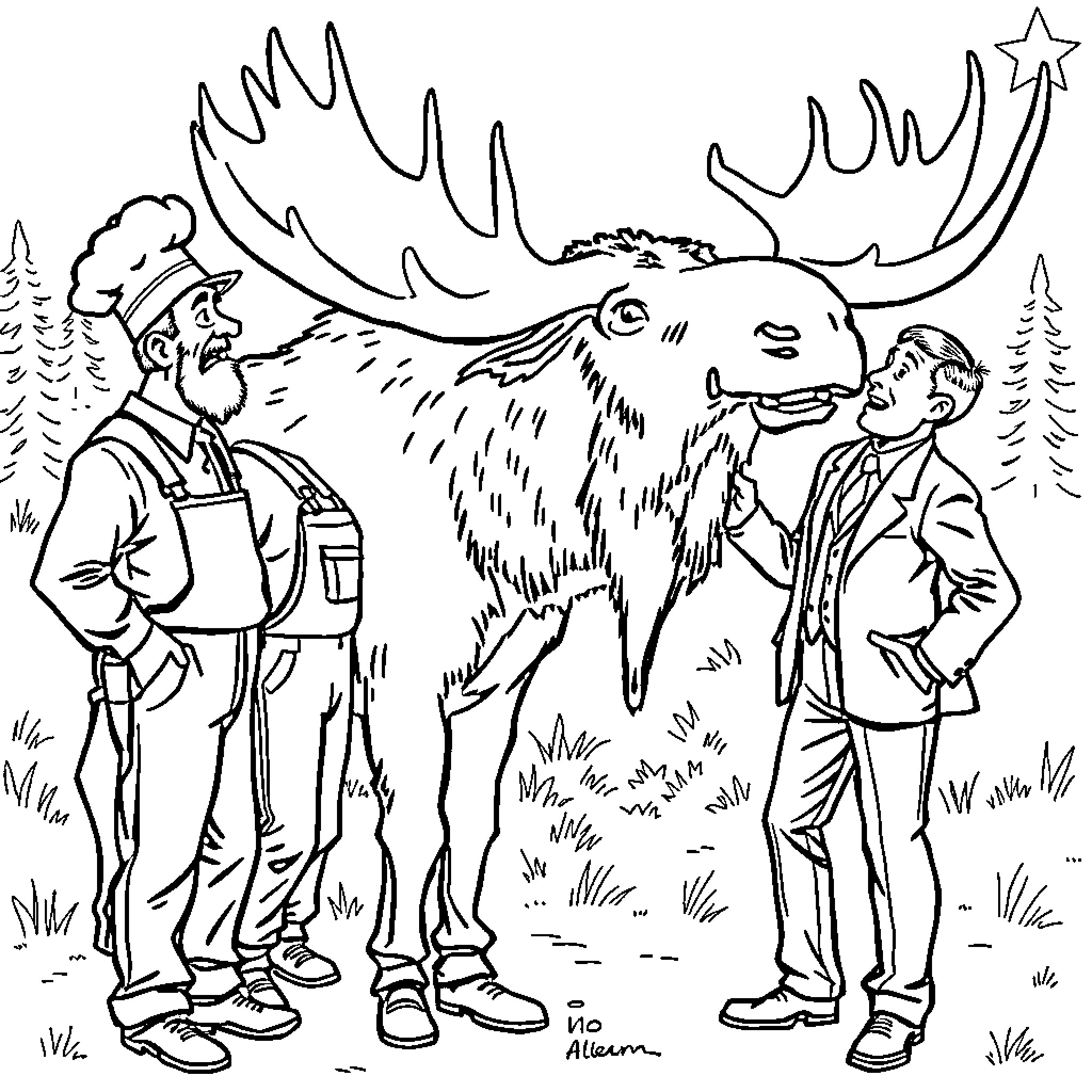 Chef interacts with moose in the wilderness Coloring Page (free black-and-white line drawing printable PDF for all, from beginners to advanced learners, including children, teens, adults, and seniors)